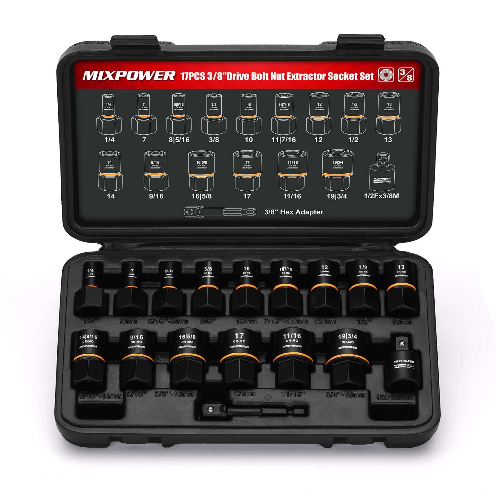 MIXPOWER CR-MO Steckschlüssel-Set, 0,95 cm (3/8 Zoll), Schraubenentferner, Mutternausdreher für beschädigte, gefrorene, rostete, abgerundete Schrauben, 17-teilig