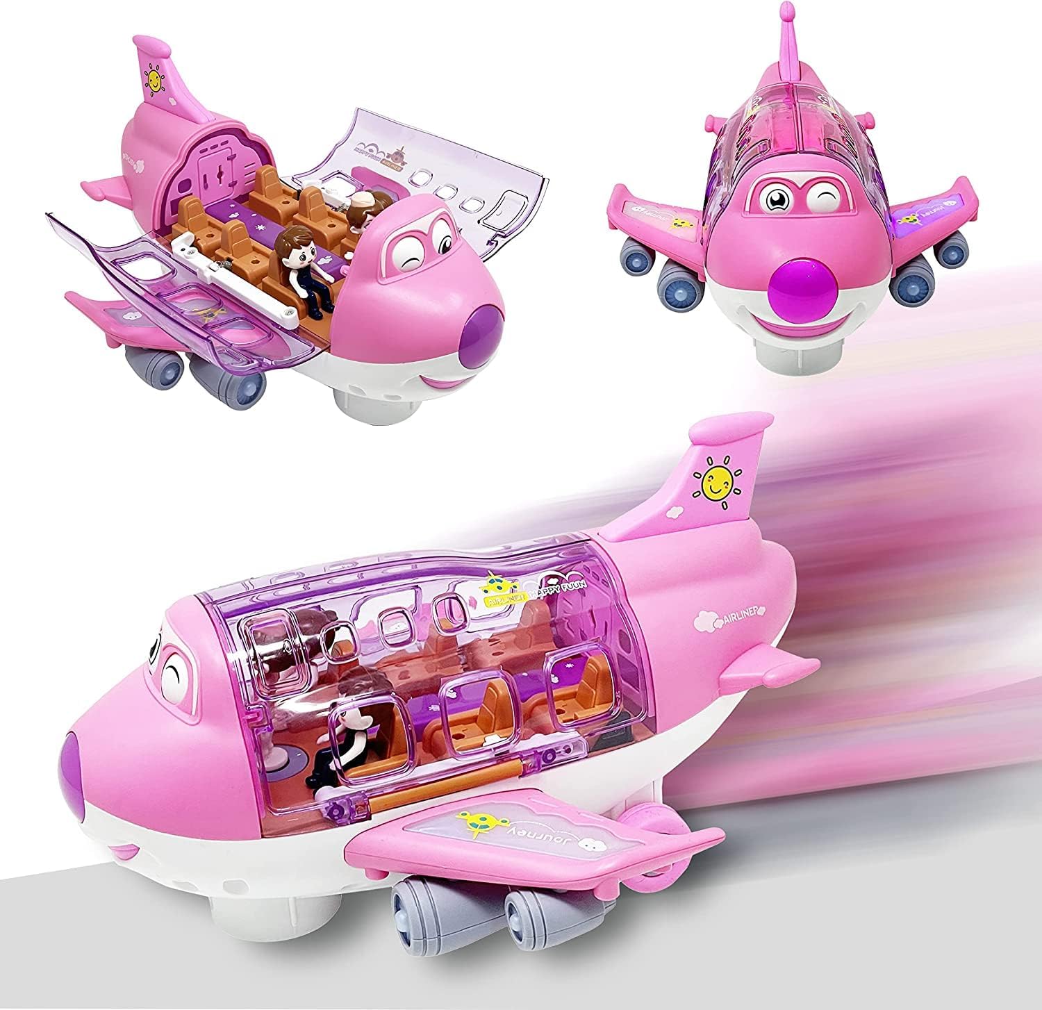 Kids Pink Airplane Toy for Girls With Colorful Lights, Music & Sounds, 360 Automated Wheels - Birthday Gifts for Toddlers 2-7 Years Old