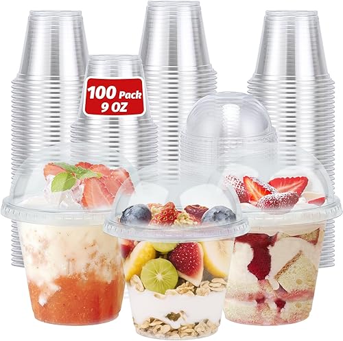 Paquete de 100 vasos de plástico transparente de 9 onzas con tapas de cúpula, taza de postre desechable, taza de frutas, vasos transparentes de PET