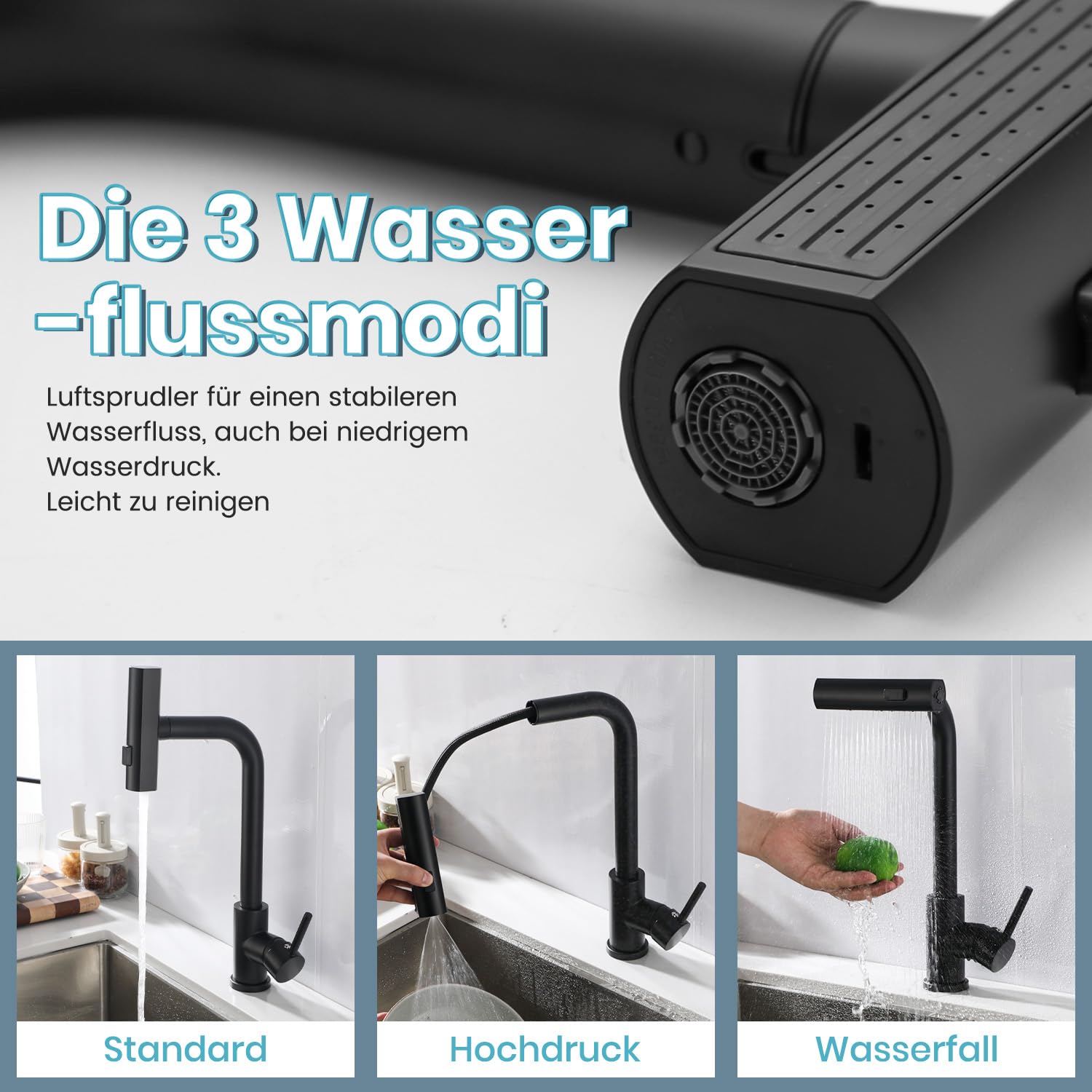 Niederdruck Armatur Küche Ausziehbar,Schwarz Edelstahl | Wasserhahn Küchenarmatur mit 3 Anschluessen für Boiler/Untertischgeräte,360° Drehbare Armatur, 3 Modi Brause