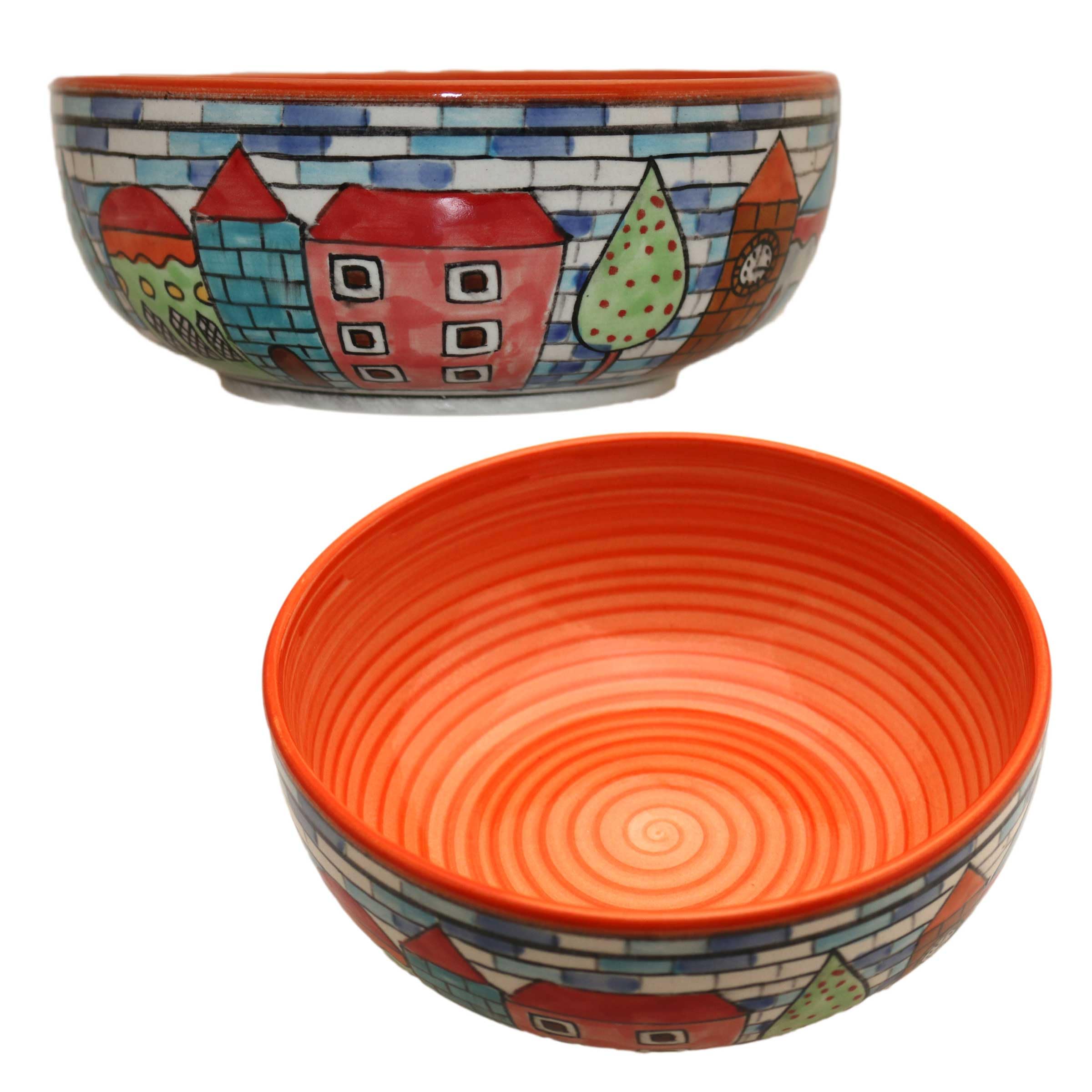 Salatschüssel Nachtischschale Keramik handbemalt Stadtmotiv (Orange) Küche, Haushalt & Wohnen