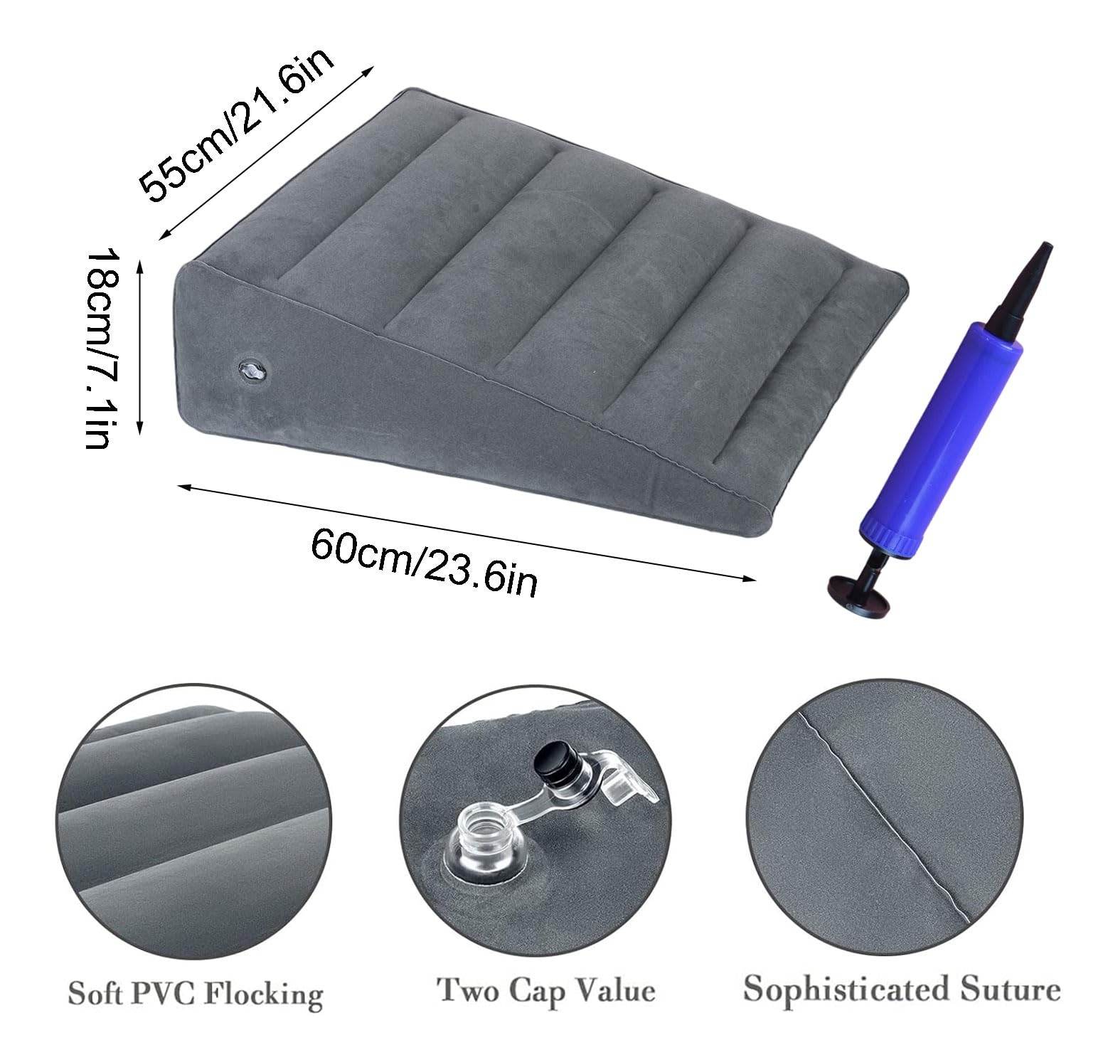 Almohada flocada,Almohadilla triangular,Almohada inflable,Almohada inflable portátil,Almohada de cuña,Cojín inflable flocado,Almohada de cuña inflable,ligera y fácil de transportar(Gris oscuro)