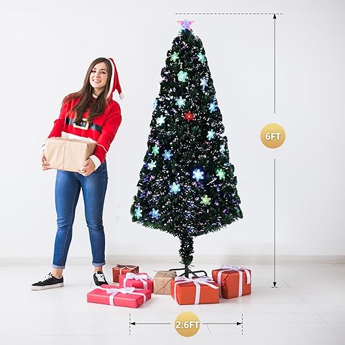 Miniatura 7 de VINGLI Árbol de Navidad artificial de fibra óptica preiluminado de 6 pies con luces LED multicolor, copos de nieve y estrella superior, árbol de