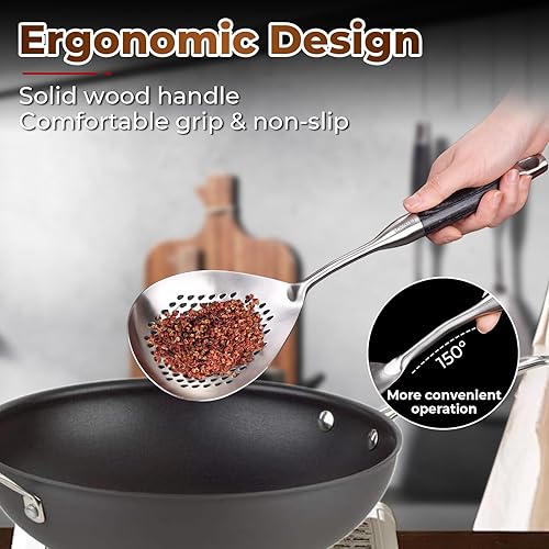 Miniatura 4 de MARTE Cuchara ranurada de 14.8 pulgadas para pasta, cuchara para cocinar y freír, cuchara coladora de cocina con mango de madera negra resistente al