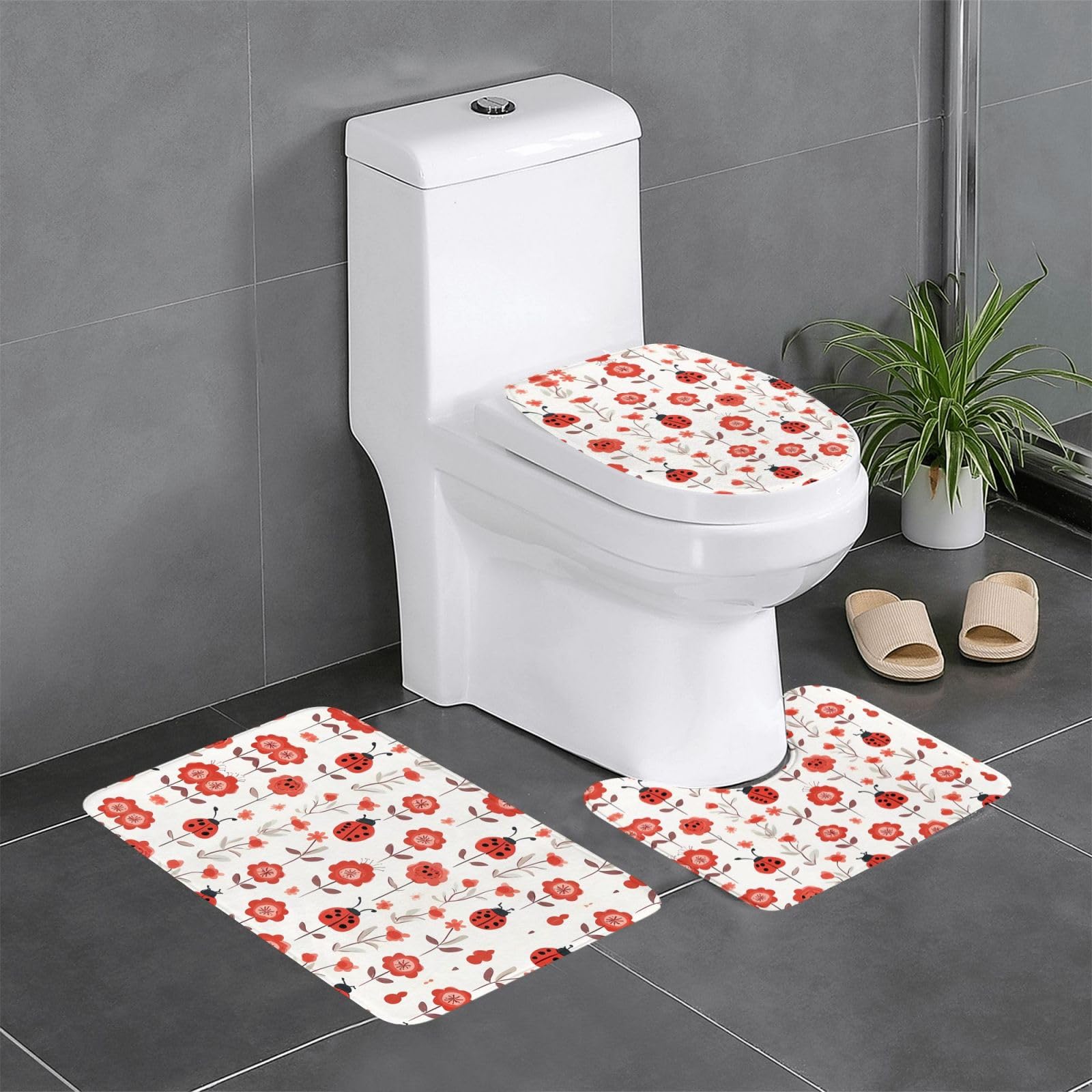 Lot de 3 tapis de salle de bain antidérapants coccinelle contour WC et rectangle