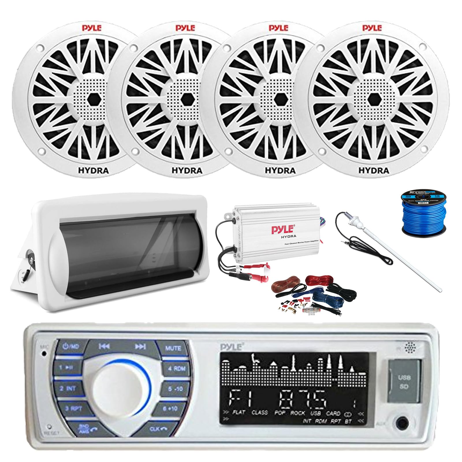 Pyle PLRMR23BTW Single DIN Bluetooth Marine MP3 AM/FM Stereo Receiver, Slide-Up Cover, 4-Channel Amplifier w/Kit, 4X 6.5 200 Watt Peak Full Range 2-Way Waterproof Speakers w/Wire, Long Range Antenna
