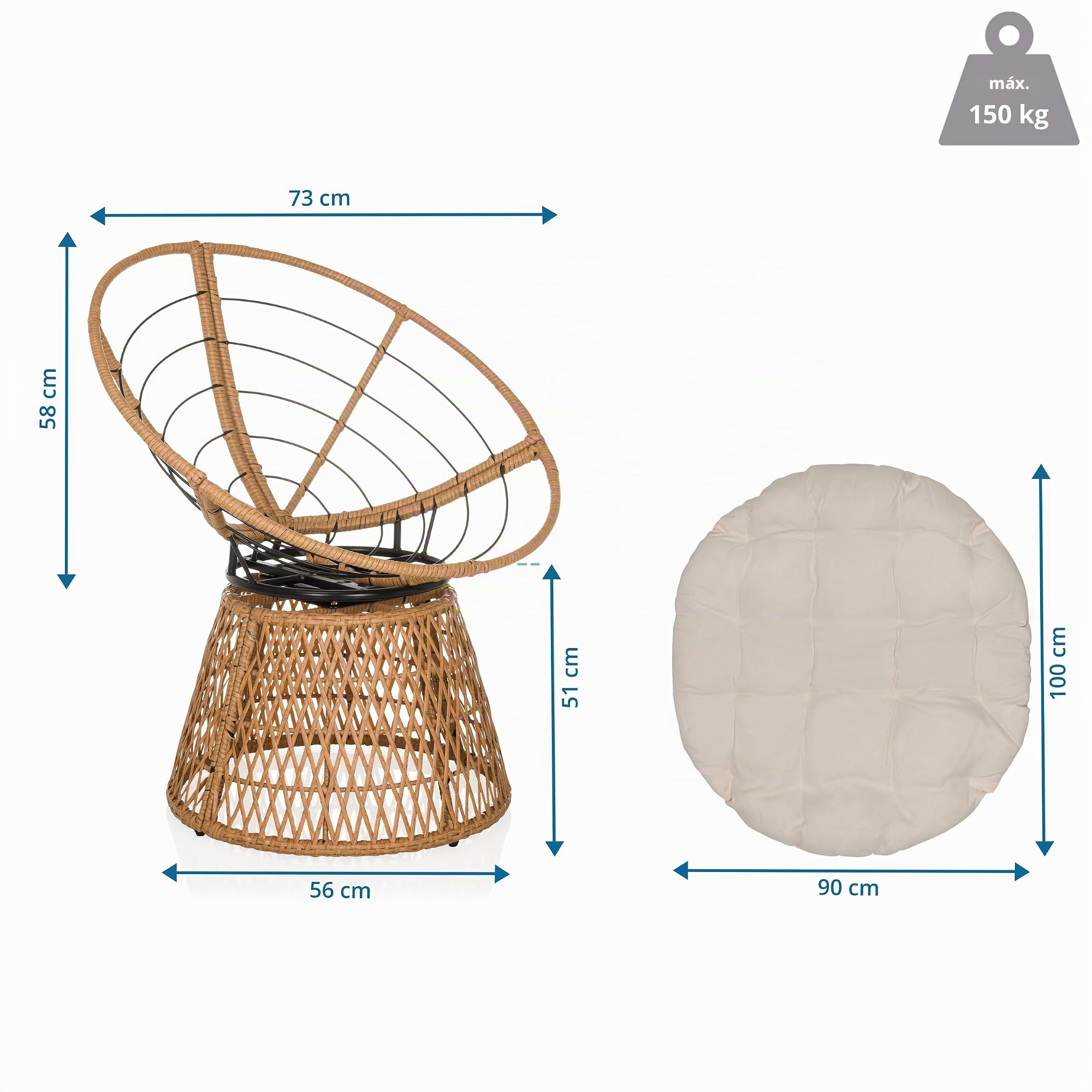 Sillón Papasan con cojín, sillón Giratorio de Exterior WEAVORA sillón de ratán Giratorio 360° para jardín balcón salón, Beige