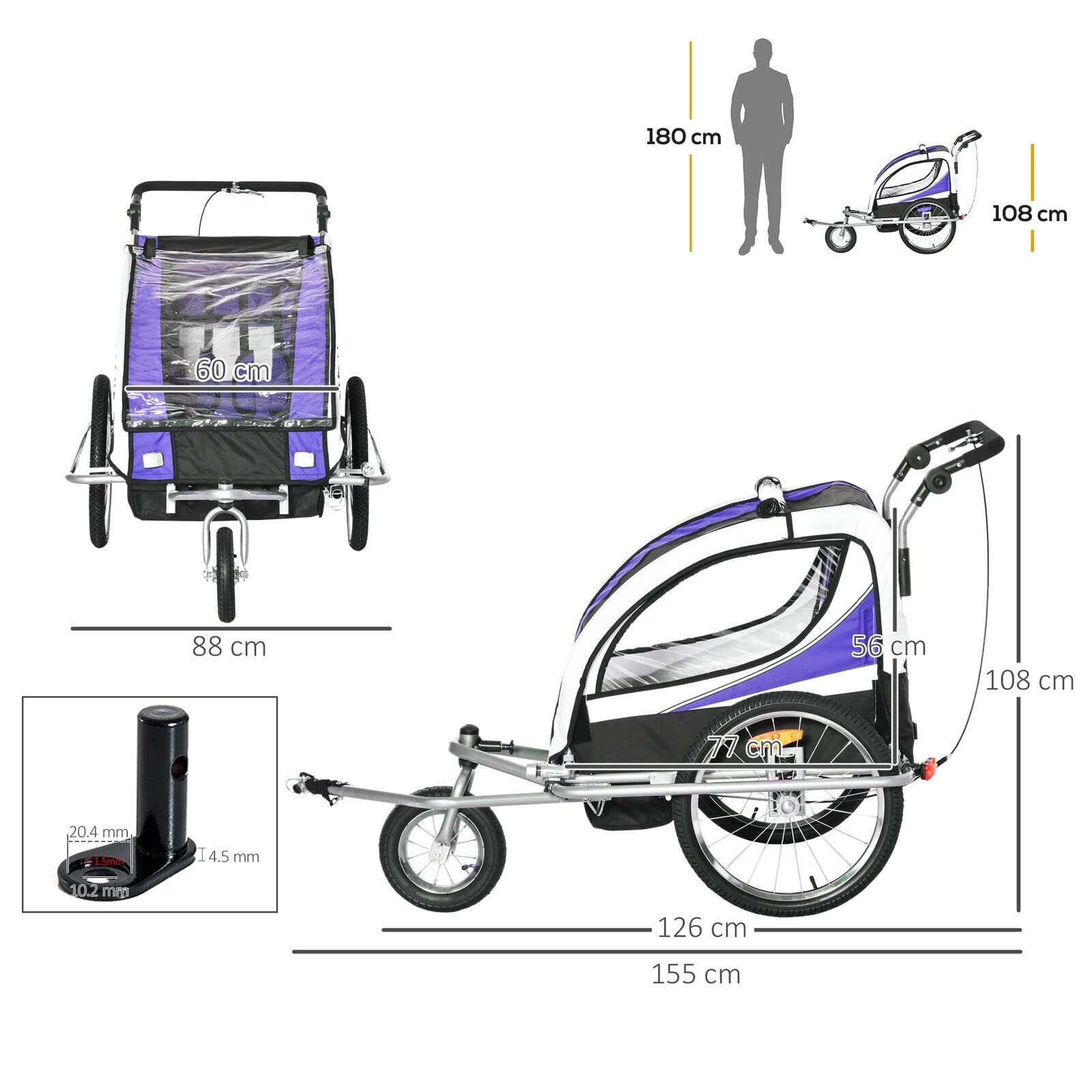 Przyczepka rowerowa dla dzieci Przyczepka rowerowa dla 2 dzieci Obrotowa o 360° z diodą LED