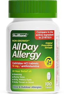 ValuMeds 24-Hour Allergy Medicine Antihistamine for Pollen, Hay Fever, Dry, Itchy Eyes, Allergies | Cetirizine HCl 10mg Caplets, Compare to Leading Brand (100 Count)
