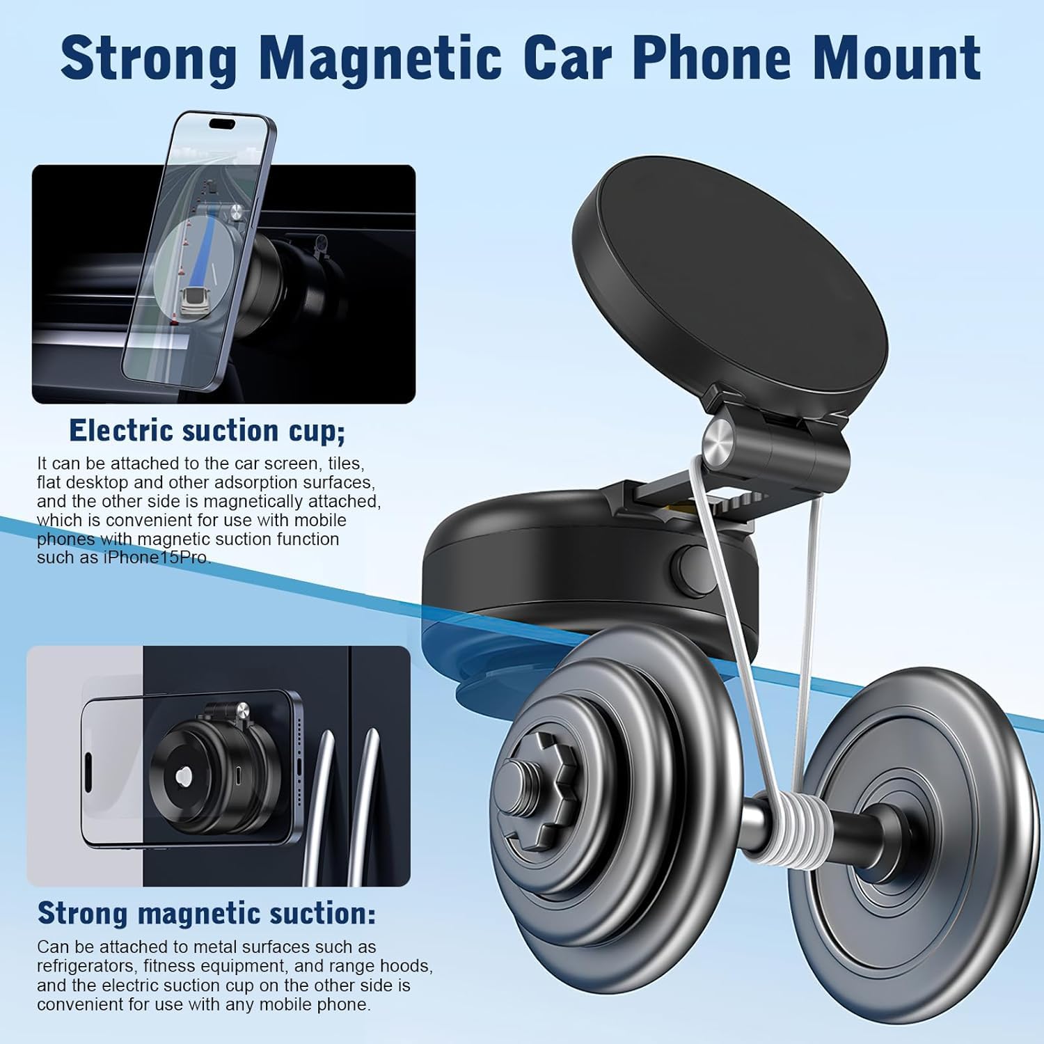 Support de téléphone magnétique à ventouse électrique, support de téléphone à ventouse réglable pour voiture, support de téléphone magnétique double face pliable, support de téléphone magnétique