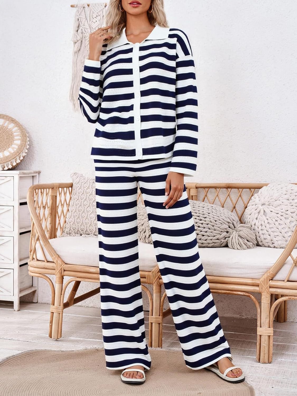 DERAX Women's 2 Piece Outfits Striped Long Sleeve Tops Shirt Lounge Sets Wide Leg Pants 2026 Spring Matching Set - Image 2