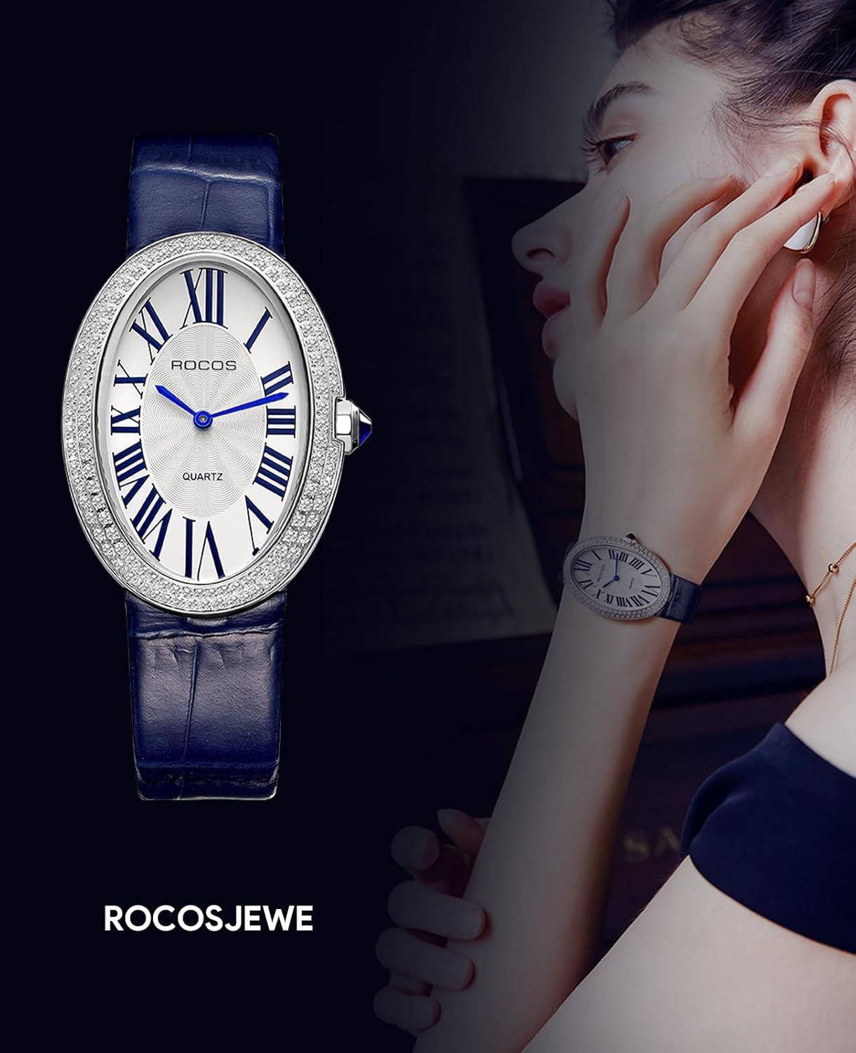 ROCOSJEWE Vintage Ladies Watches - Japanese Quartz Analog with Leather Strap, Fashionable Lightweight Waterproof Oval Womens Watches with Diamond Retro Dress Wristwatch RW0254