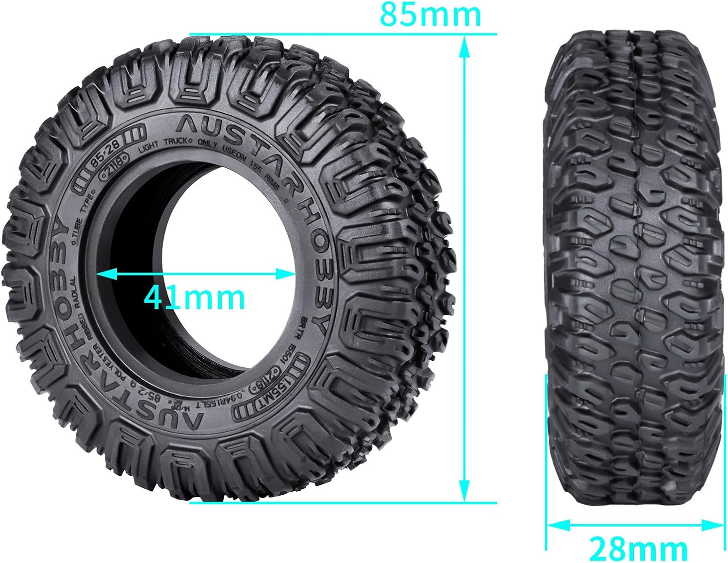 4PCS 1.55" Tires Crawler Mud Terrain Wheel Tyres 85 * 28mm Soft Rubber Terrain Wheel Tires Set Compatible with 1/18 Axial UTB18 Capra RC Crawler Car Axial AX90069 UTB18 MST JIMNY