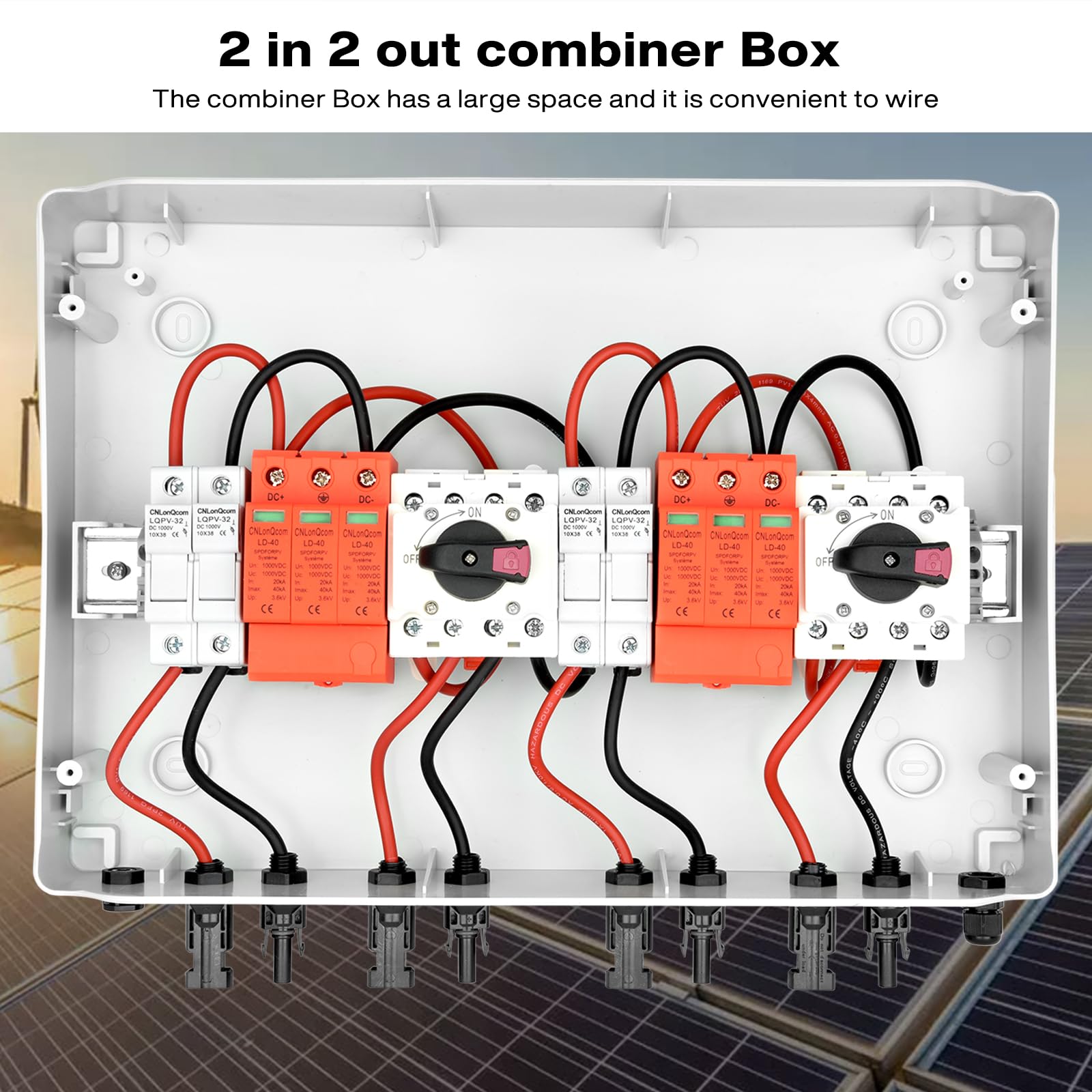 Protezione da sovratensione in PV – 1000 V 32 A scatola di giunzione solare, protezione dai fulmini DC interruttore di separazione impianto pv 2 stringhe (2 in 2 out), DC Combiner box interruttore di