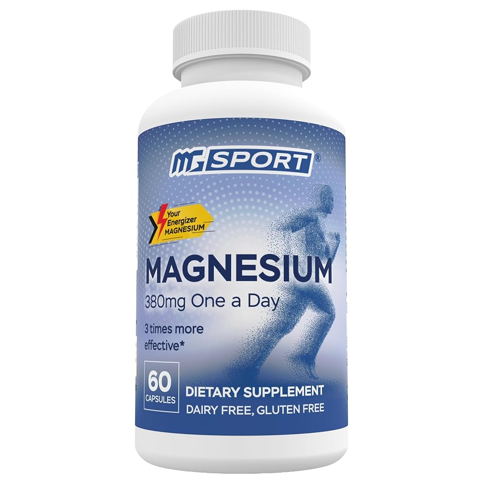 MGSPORT Magnesium Supplement 380mg - High Absorption Magnesium Complex Formula with Vitamins B6, D, E - Supports Muscle Function and Sleep Quality - 60 Servings