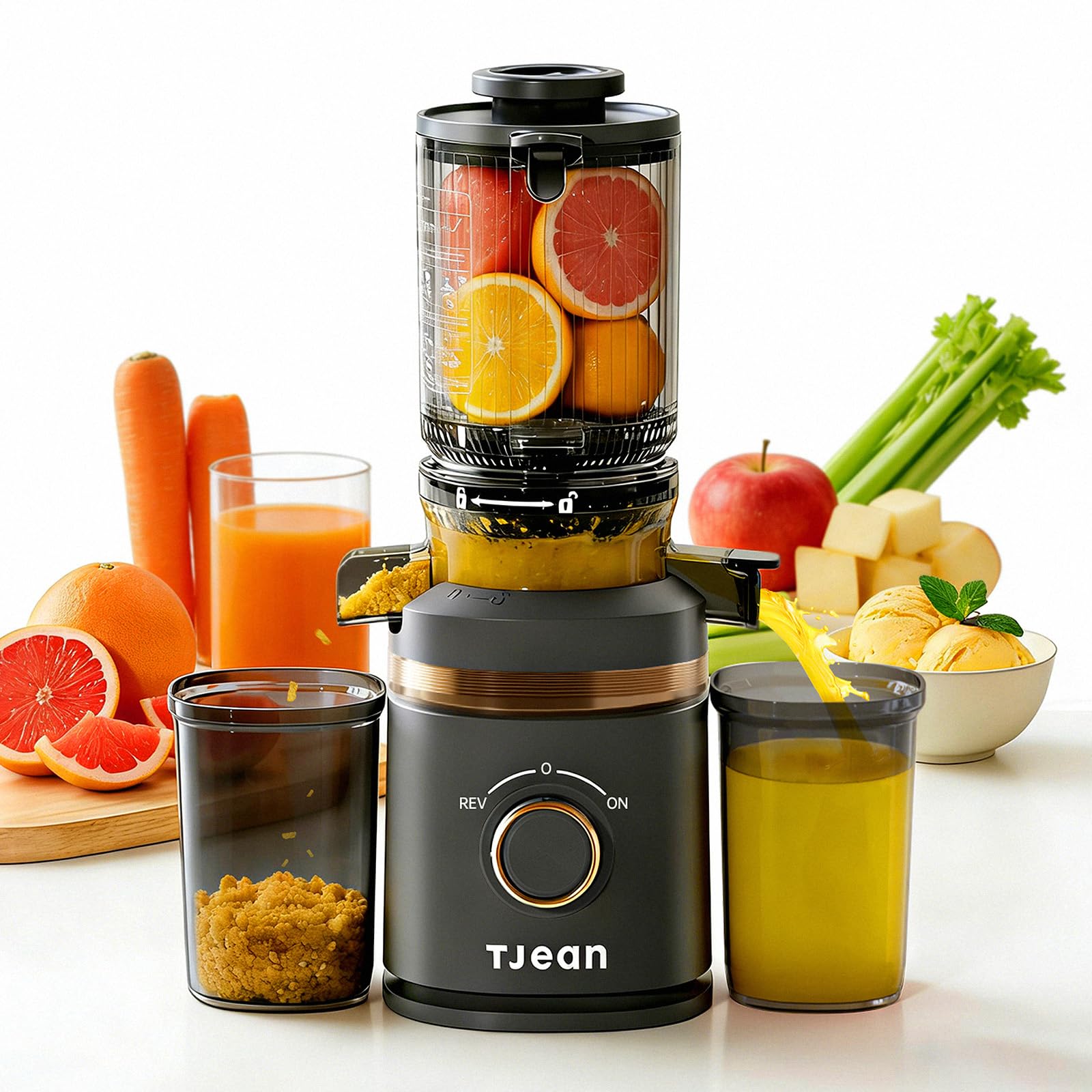 Extracteur de jus à froid lent TJean 110 mm pour fruits et légumes entiers, haut rendement, faible consommation d'énergie