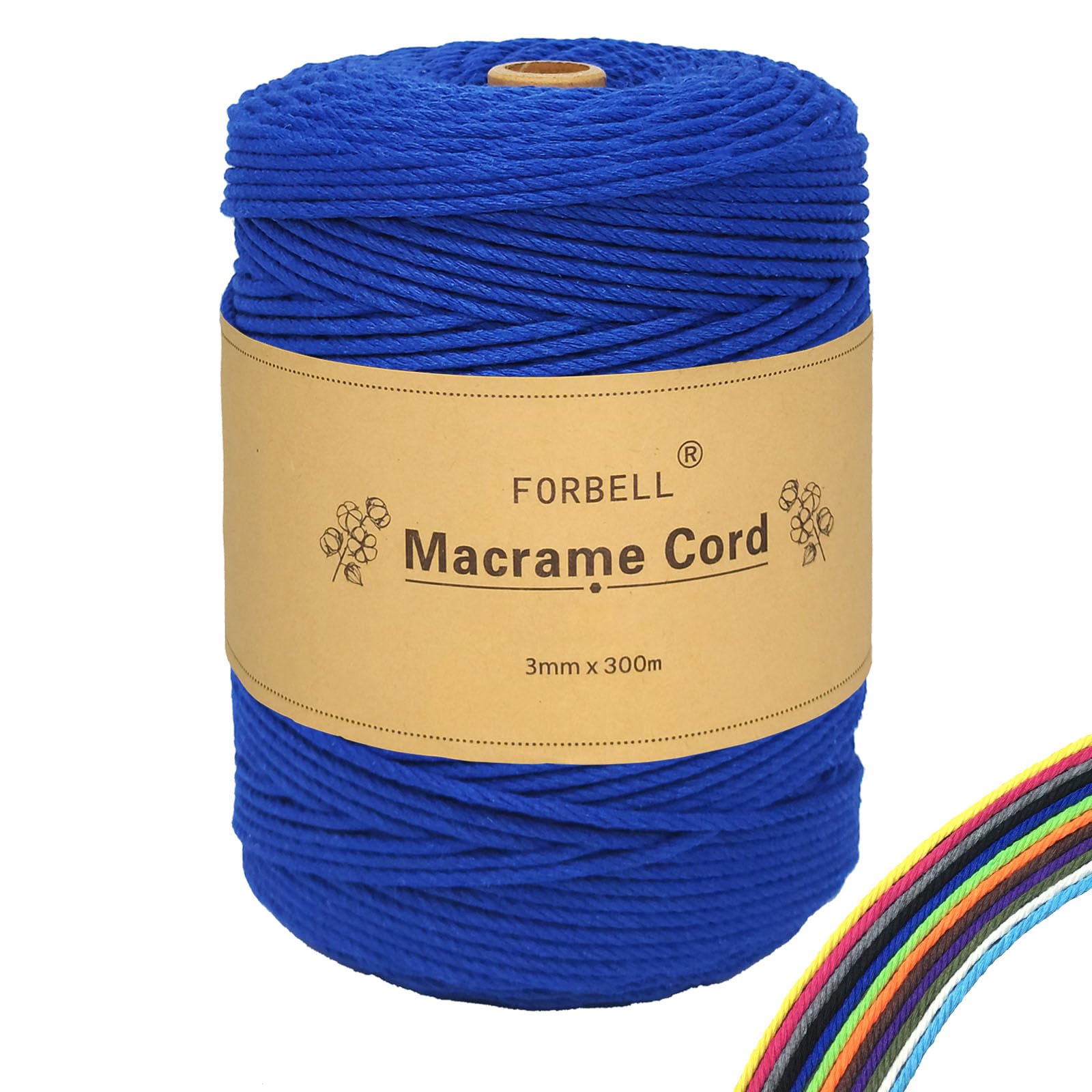 FORBELL Macrame Yarn, 3 mm x 300 m Premium Cotton Yarn, DIY Crafts (Jewel Blue, 3 mm x 300 M)