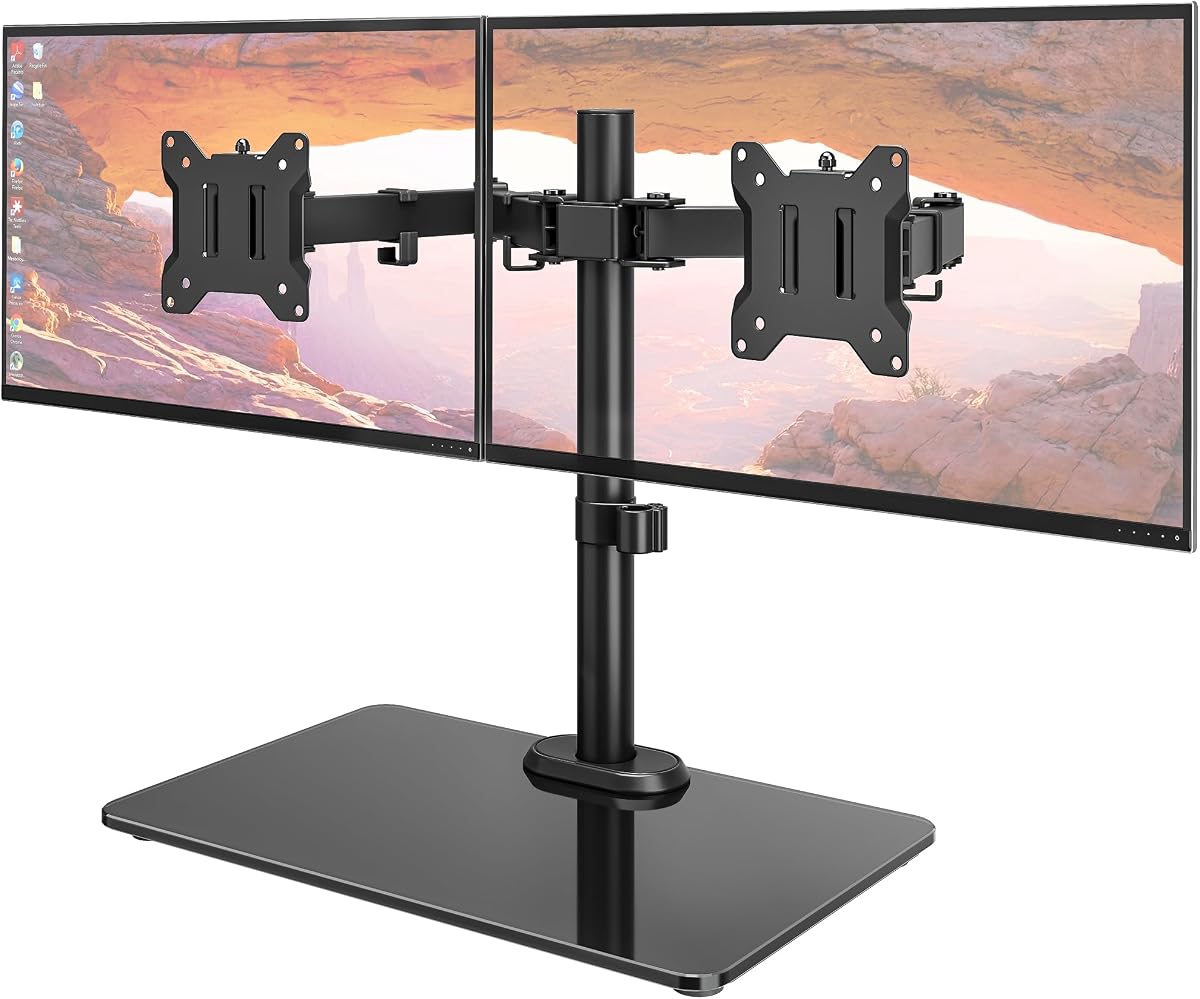 Freestanding Dual Monitor Stand for 17-32", 22 lbs Each, Glass Base | Dual-screen full-motion arm, heavy-duty glass base, height adjustment, tilt, swivel, rotation and VESA 75/100