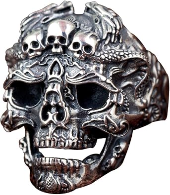 Punk 925 Sterling Silver Black Skull Ring with Dragons Gothic Jewelry for Men Open Adjustable