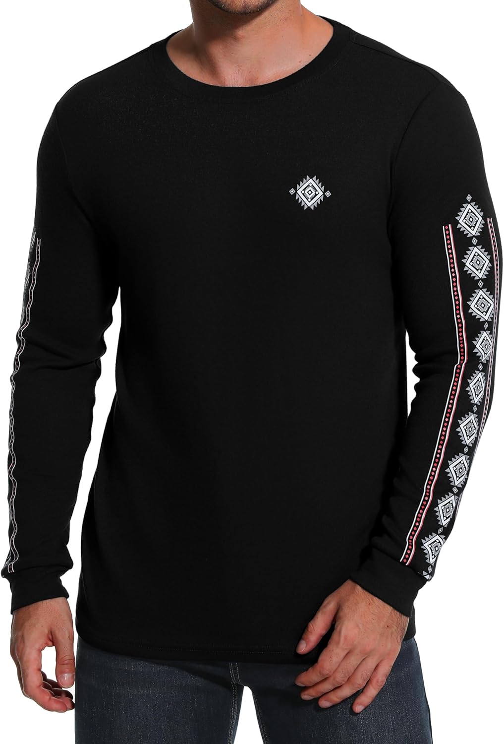 Mens Shirts Fall Winter Long Sleeve Crewneck Tops Casual Vintage Western Aztec Print Pullover Shirt - Image 2