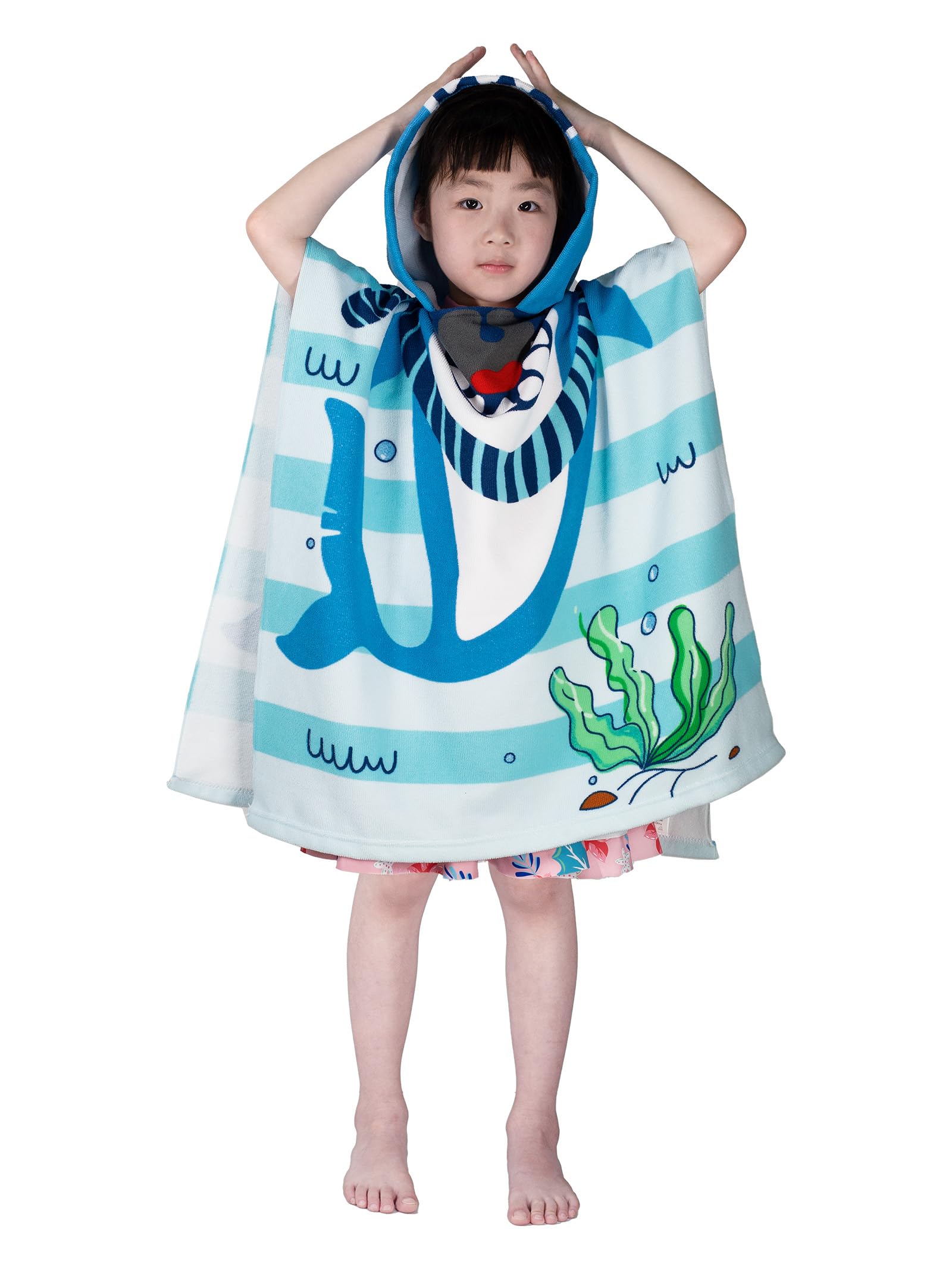 growell Hooded Kids Beach Towels - Toddler Bath Towel Girls Boys Swim Cover-ups for Ages 1 to 6 Kids Pool Towels Quick Dry Lightweight Soft Microfiber Poncho Towel 24x23(Shark SkyBlue)