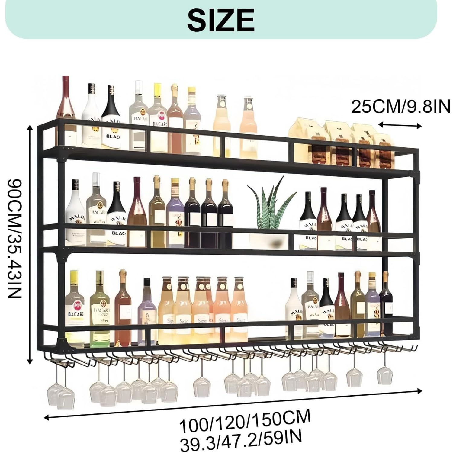 Estante para vinos con LED, soporte para botellas de vidrio montado en la pared debajo del estante, estantes flotantes para licores, organizador de almacenamiento y exhibición,GoldThree-story-150cm