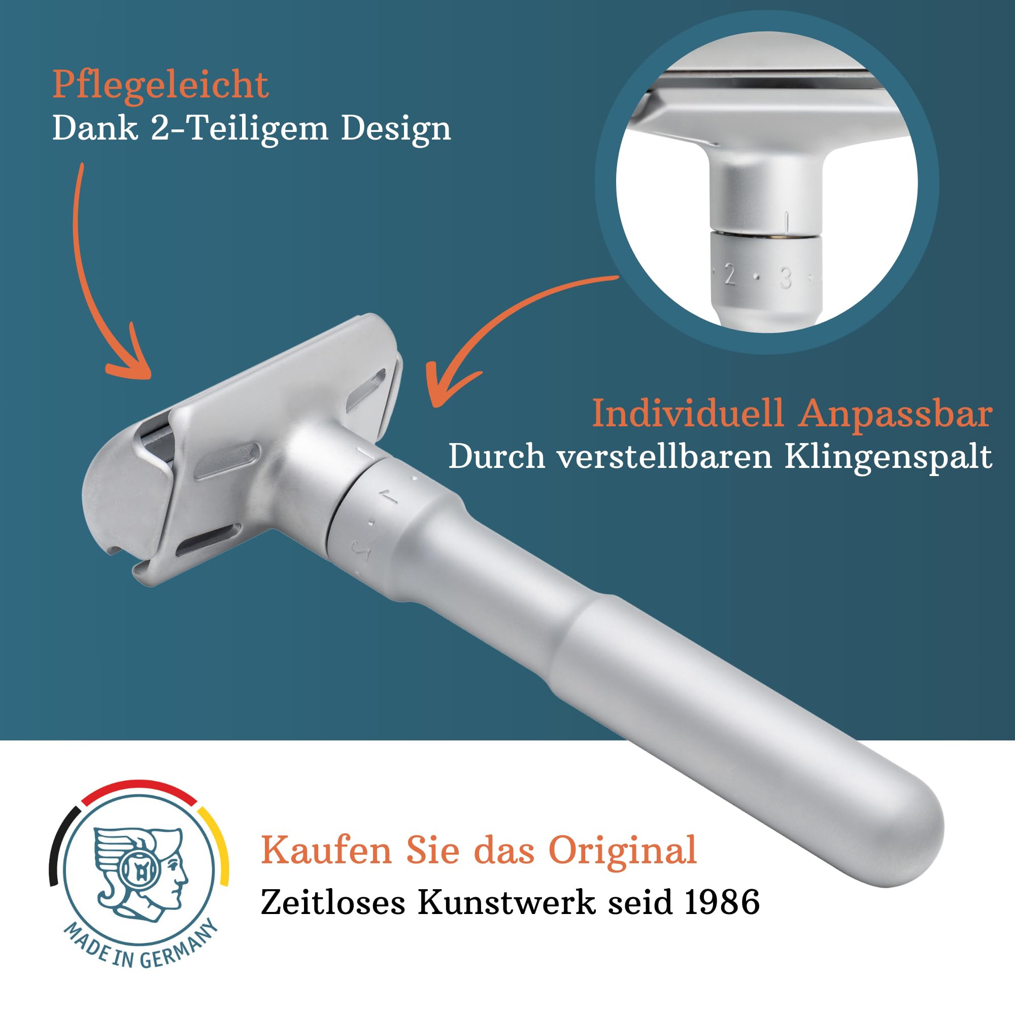 MERKUR Rasierhobel Futur 700 | Designklassiker Mattchrom | Zweiteiliger Rasierer mit geradem Schnitt | Ideal für Nassrasur | Zinkdruckguss | Messing Griffstück | Made in Germany