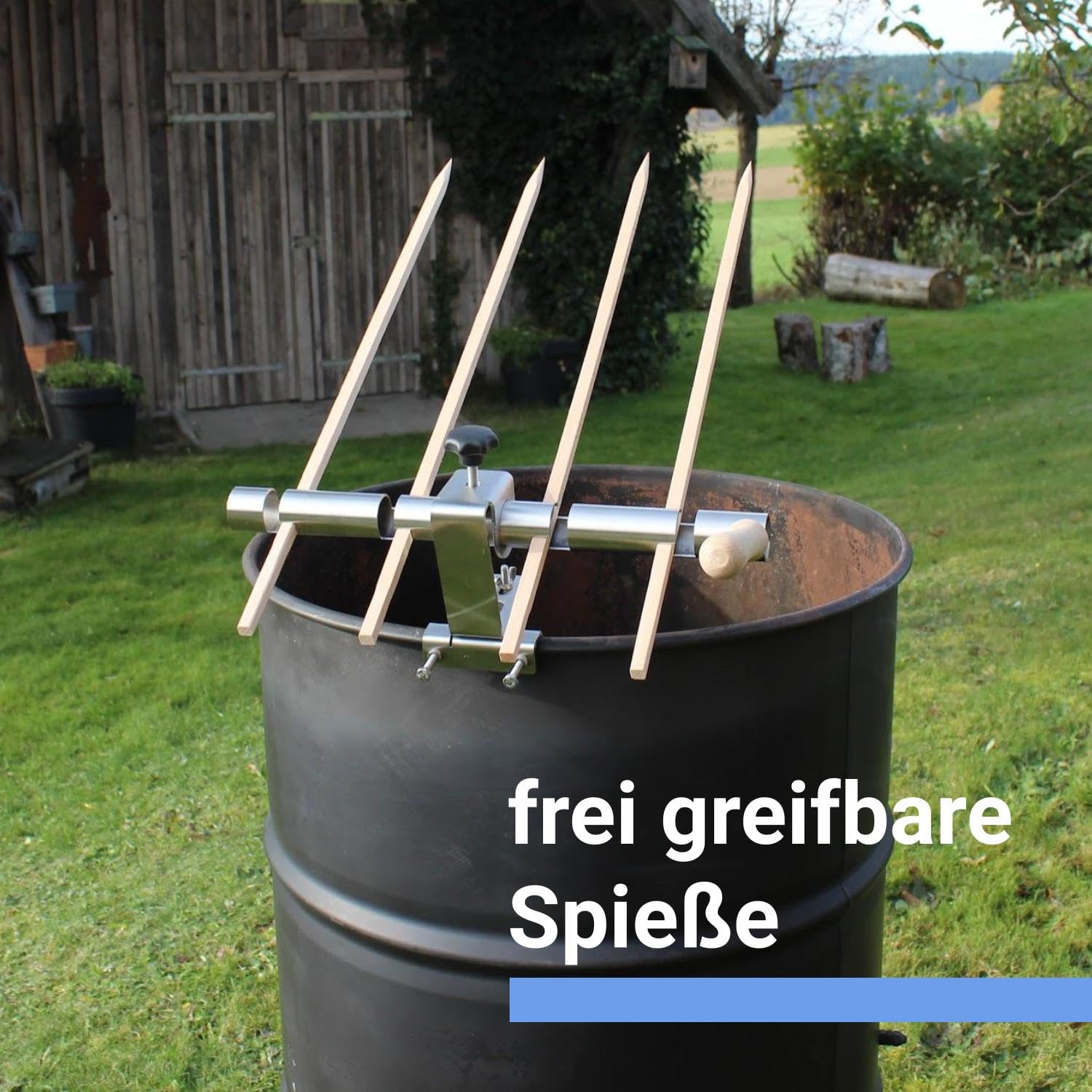 Premium Steckerlfisch Halter für Feuerschale - Platz für 4 Fische - Fisch Grill Aufsatz passt auf Jede Feuerschale - stufenlos verstellbar - Original Buchenholz Spieße - Asado Grill für Feuerschale