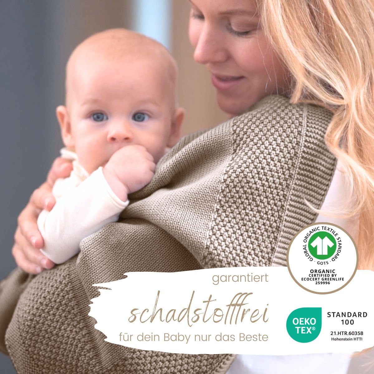 DIKOS Babydecke aus 100% Bio-Baumwolle (GOTS & OEKO-TEX) – weiche, atmungsaktive Baby Decke für Neugeborene Jungen & Mädchen – kuschelige Strickdecke, Kuscheldecke – Geschenk zur Geburt (warmes Taupe)