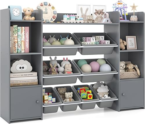 HONEY JOY Organizador de almacenamiento de juguetes para niños, armario de almacenamiento de piso de madera con 8 contenedores extraíbles, estante