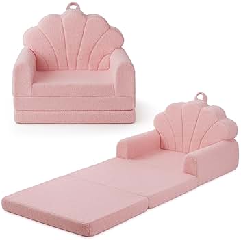 Blissful Diary Kids Couch, 2-in-1 Soft Toddler Couch Fold Out, Toddler Chair Comfy, Convertible Sofa to Lounger, Kids Furniture for Playroom, Gift for Birthday, Children's Day, Pink Shell