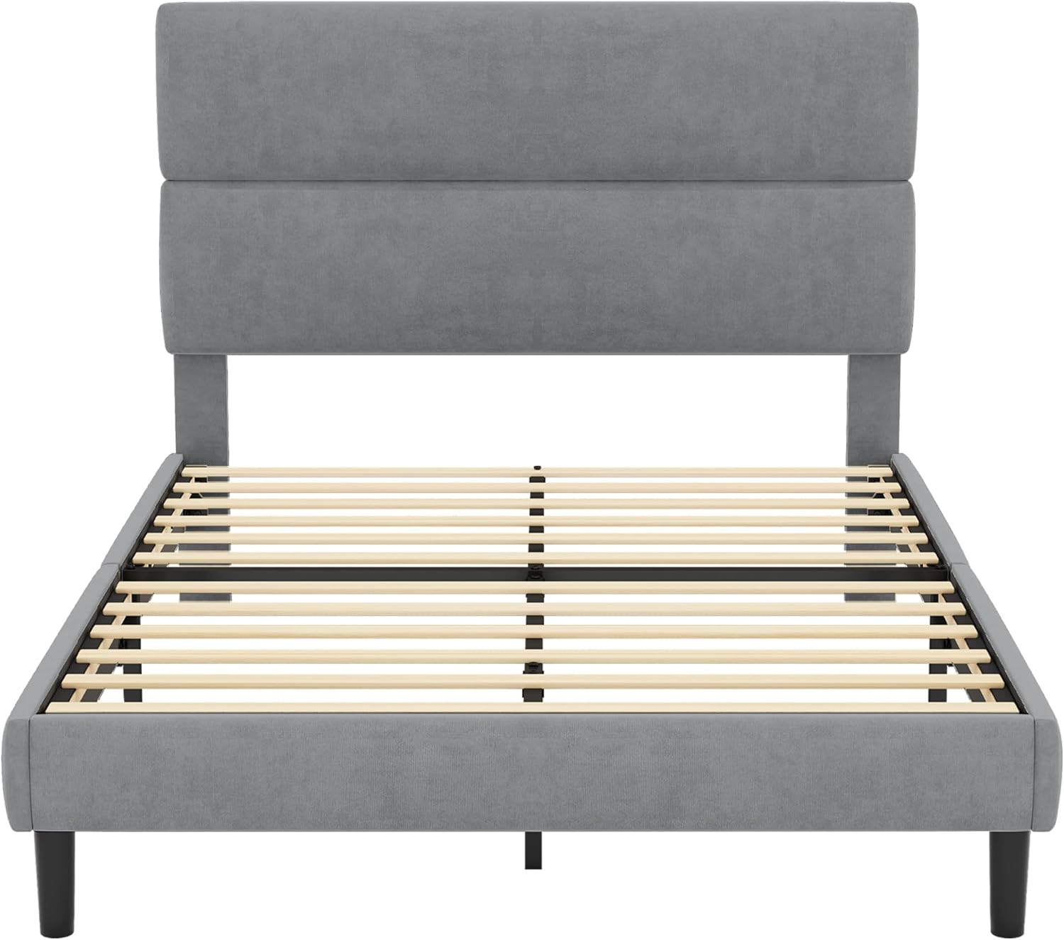 GRUSIGN Full Size Platform Bed Frame with Velvet Headboard, Adjustable Height Wooden Slats Support, Upholstered Mattress Foundation, Fits Mattress or Mattress with Box Spring, Easy Assembly, Grey
