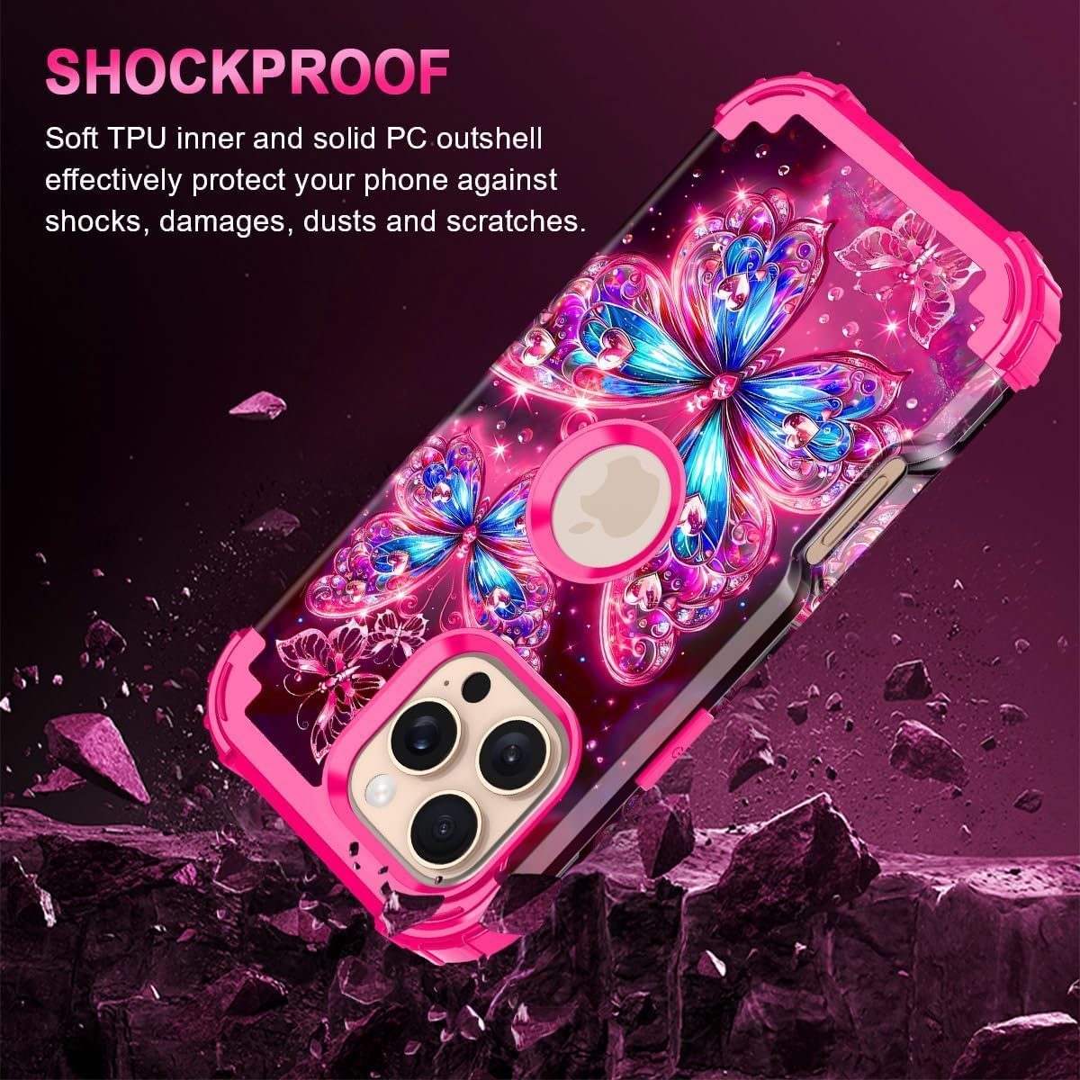 Casetego for iPhone 16 Pro Max Case,Glow in The Dark Three Layer Heavy Duty Sturdy Shockproof Full Protection Rugged Hard PC+Soft TPU Bumper Case for Apple iPhone 16 Pro Max 6.9 inch,All Butterfly - Image 5