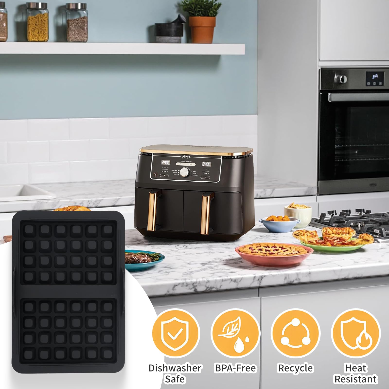 2 Pezzi Accessori Friggitrice ad Aria, Griglia Doppio Strato Friggitrice per Ninja Foodi AF300EU/AF400EU, Rack per Spiedini con 4 Spiedini Griglia Forno in Acciaio Inossidabile per Friggitrice ad Aria