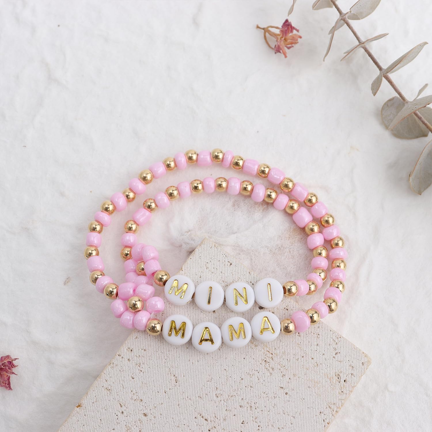 Gold Beaded Initial mom Bracelets for Woman, Dainty Letter Flower Beaded Stretch Stackable Bracelet Mother’s Day Jewelry Gift - Image 2