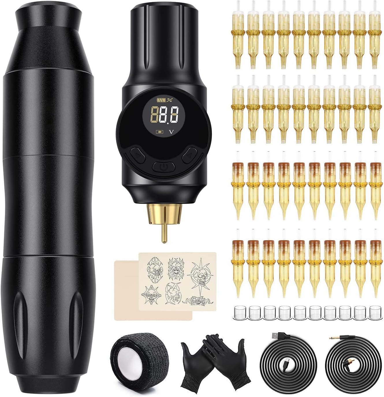 Biomaser Wireless Rotary Machine Kit with RCA Wireless Battery 40pcs Cartridges Needle Practise Skin For Beginner Artist