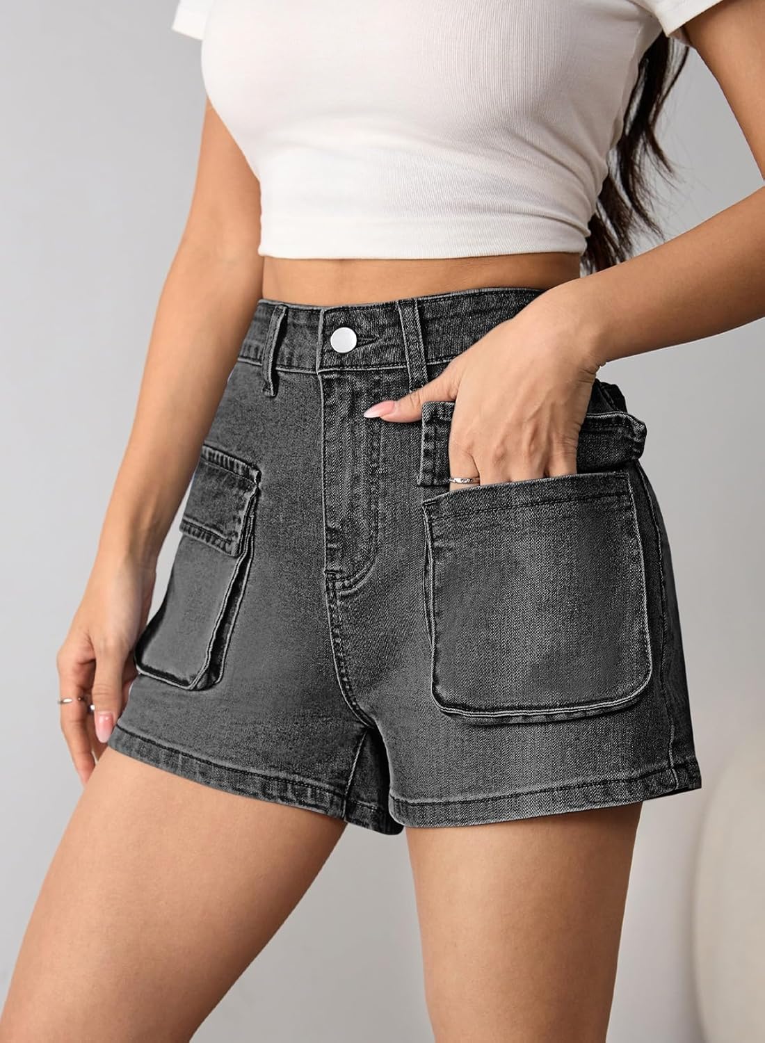 Pink Queen Women's High Waisted Denim Shorts 2026 Casual Summer Hot Short Jeans Vintage Patch Pocket Jeans Shorts - Image 2