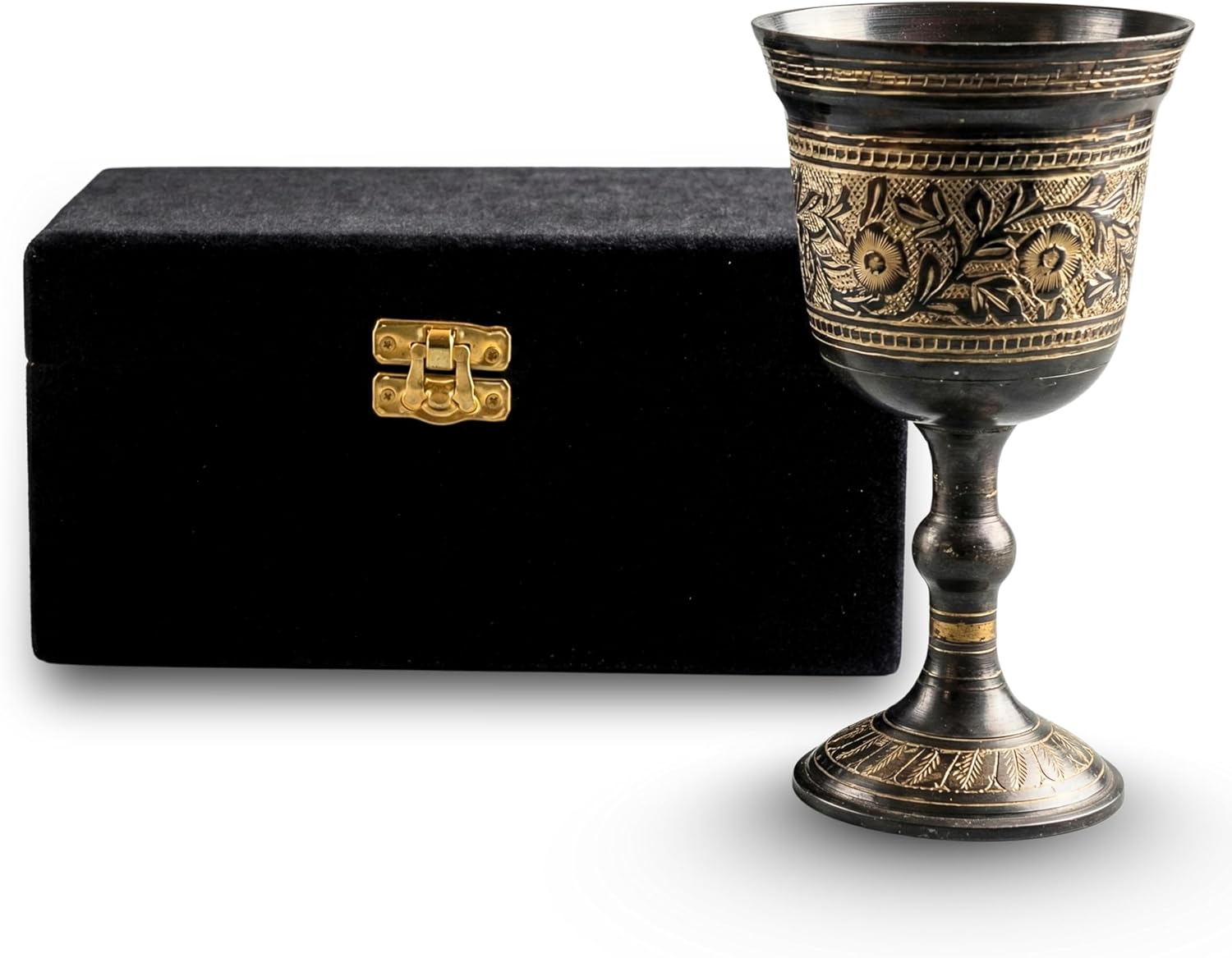 Brass Chalice Goblet Gift Set with Premium Black Velvet Box, 6 Inch Vintage Engraved Brass Wine Goblet, Handmade Decorative Medieval Style Chalice for Home Décor, Ceremonial Use & Gifting