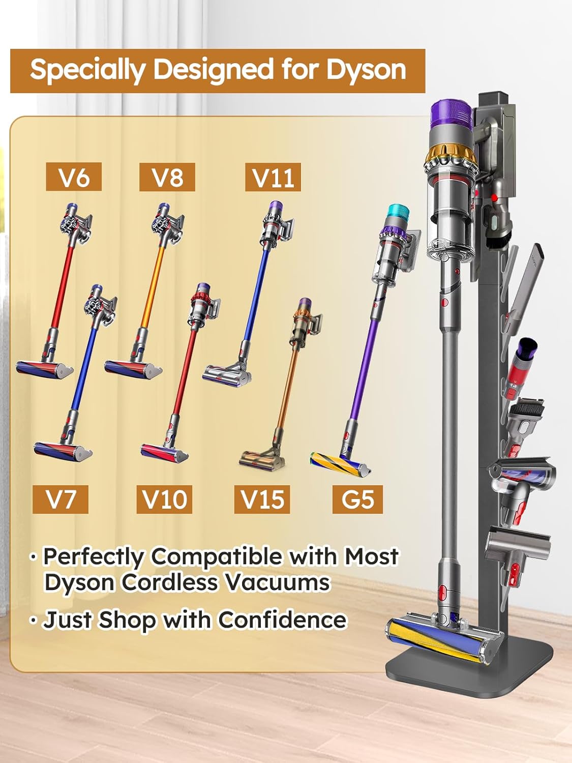 Vacuum Stand for Dyson Gen5 V15 V12 V11 V10 V8 V7 V6, Freestanding No-Drill Floor Stand w/6 Hooks, Cord Management & Heavy-Duty Metal Weighted Base, Vacuum Attachment Organizer, Dark Gray