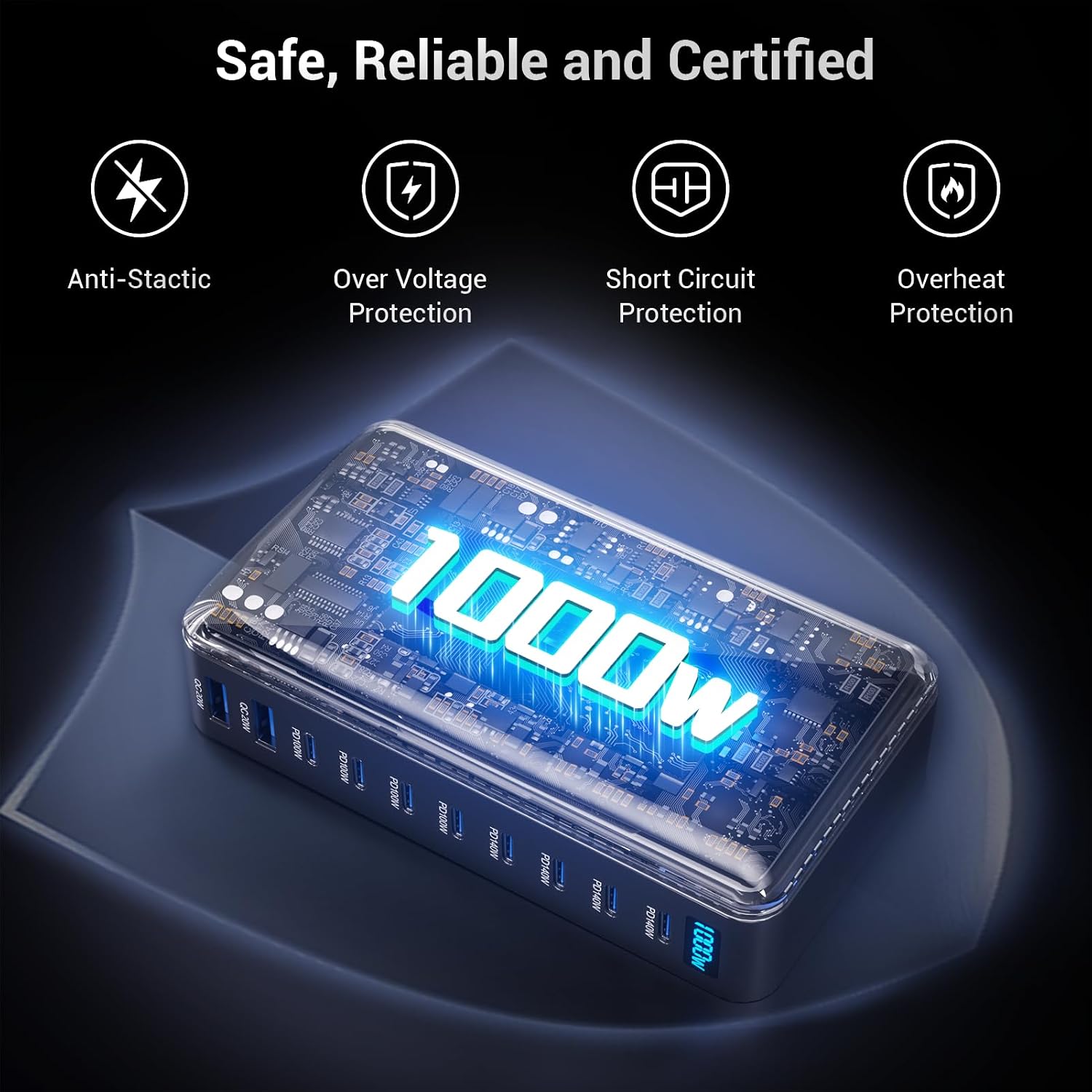 1000W USB C Charging Station, 10 Port GaN Desktop Charger, Multi Device Fast Charging Station with PD USB C Ports, High Power Charging Hub for Laptop, Tablet, iPhone, Office & Home