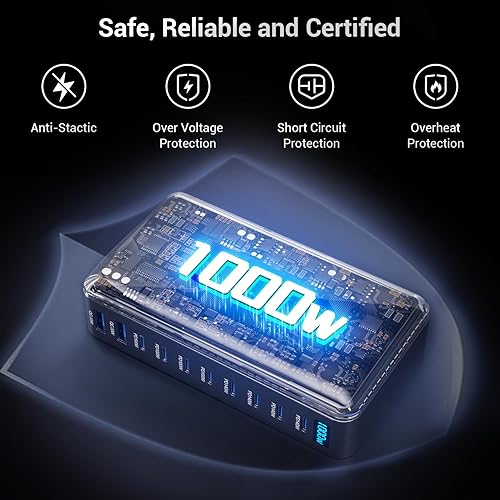 Miniatura 3 de Estación de carga USB C de 1000 W para múltiples dispositivos, adaptador de carga USB de 10 puertos PD 140 W GaN Cargador USB rápido para MacBook,