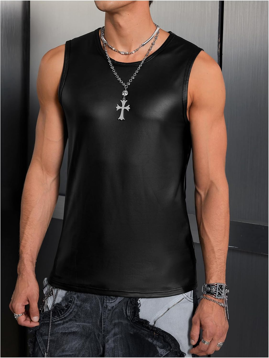 OYOANGLE Men's PU Leather Tank Top Sleeveless Crew Neck Muscle Tops Streetwear