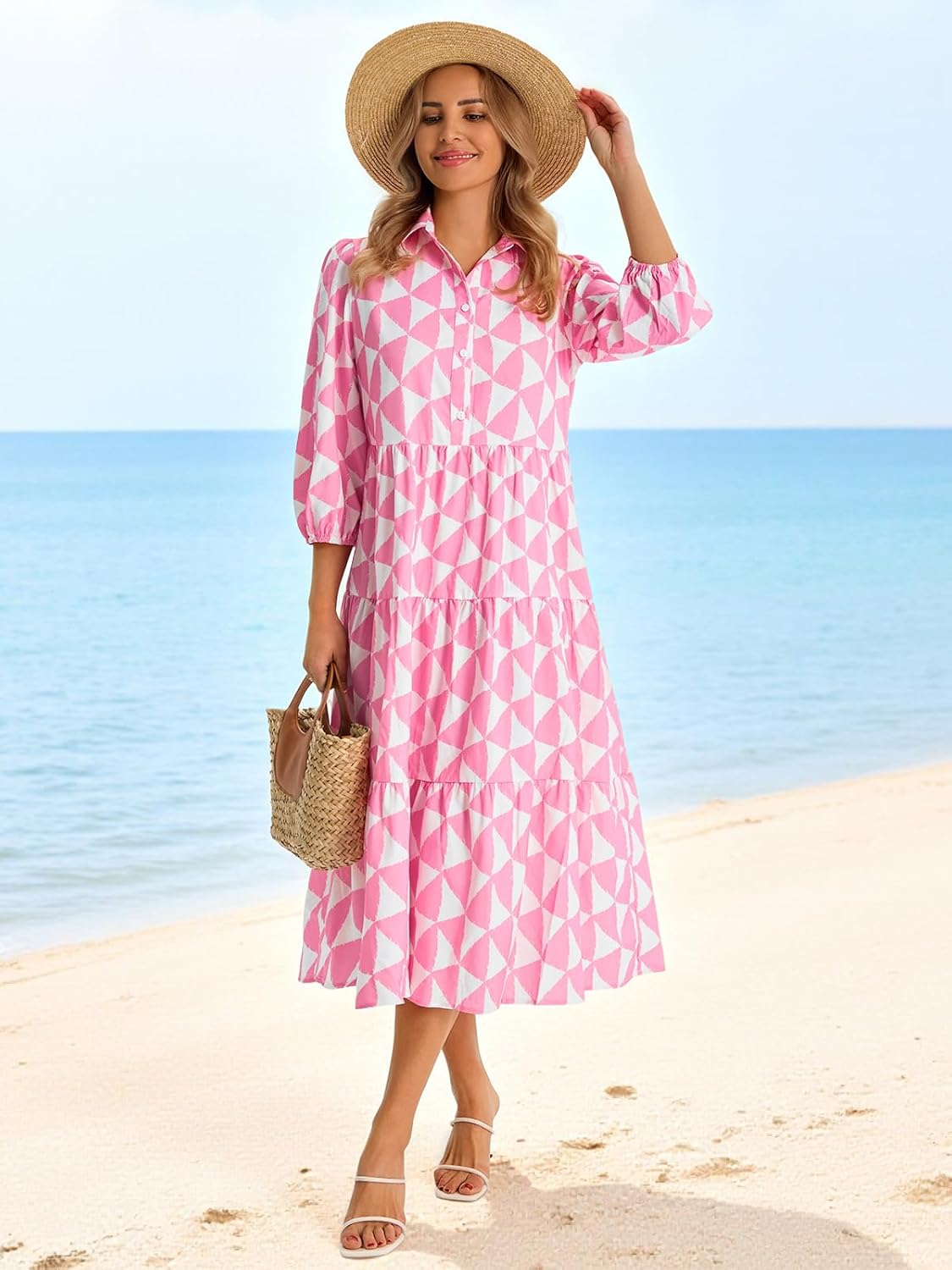 Wenrine Womens Casual 3/4 Sleeve Shirt Dress Button Down V Neck Tiered Collared Flowy Maxi Dress - Image 4