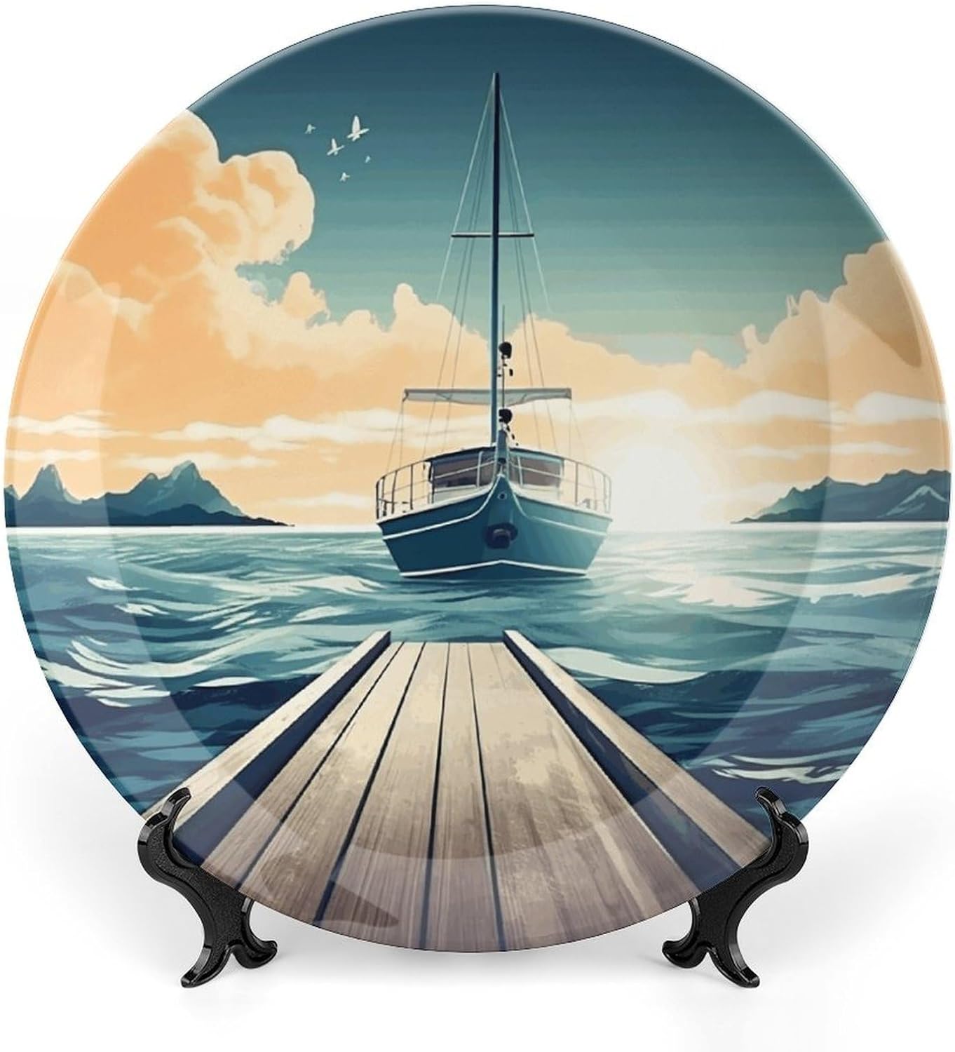Boat Seascape Theme Decorative Plates for Display Round Porcelain Plate Living Room Table Ceramic Hanging Decorative Plate Art Decor for Living Room Table with 1 Display Stand 8inch