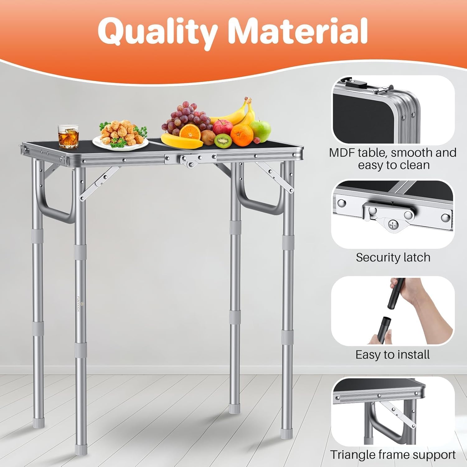 FUNYKICH 2ft Small Folding Camping Table, 3 Height Adjustable Portable Picnic Table, Lightweight Aluminum Outdoor Tables with Carry Handle for Camping, Picnic, BBQ, 58x40cm(L22.8 xW15.7), Silver