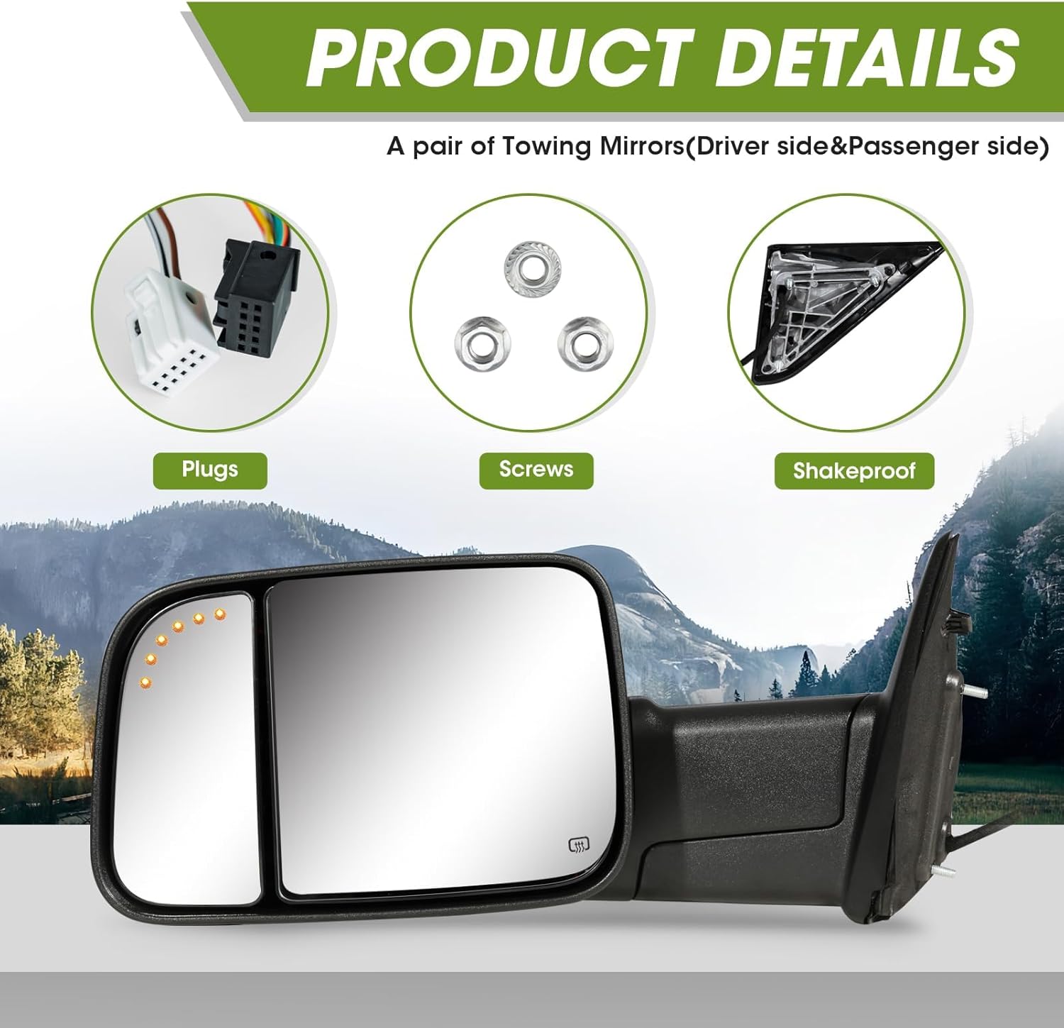 Towing Mirrors Pair Set for 2009-2018 Dodge Ram 1500, 2010-2018 Ram 2500 3500, 2019-2024 1500 Classic Side Mirrors with Turn Signal Light Puddle Lamp Manual Flip Up Power Heated (Smoke Lens)