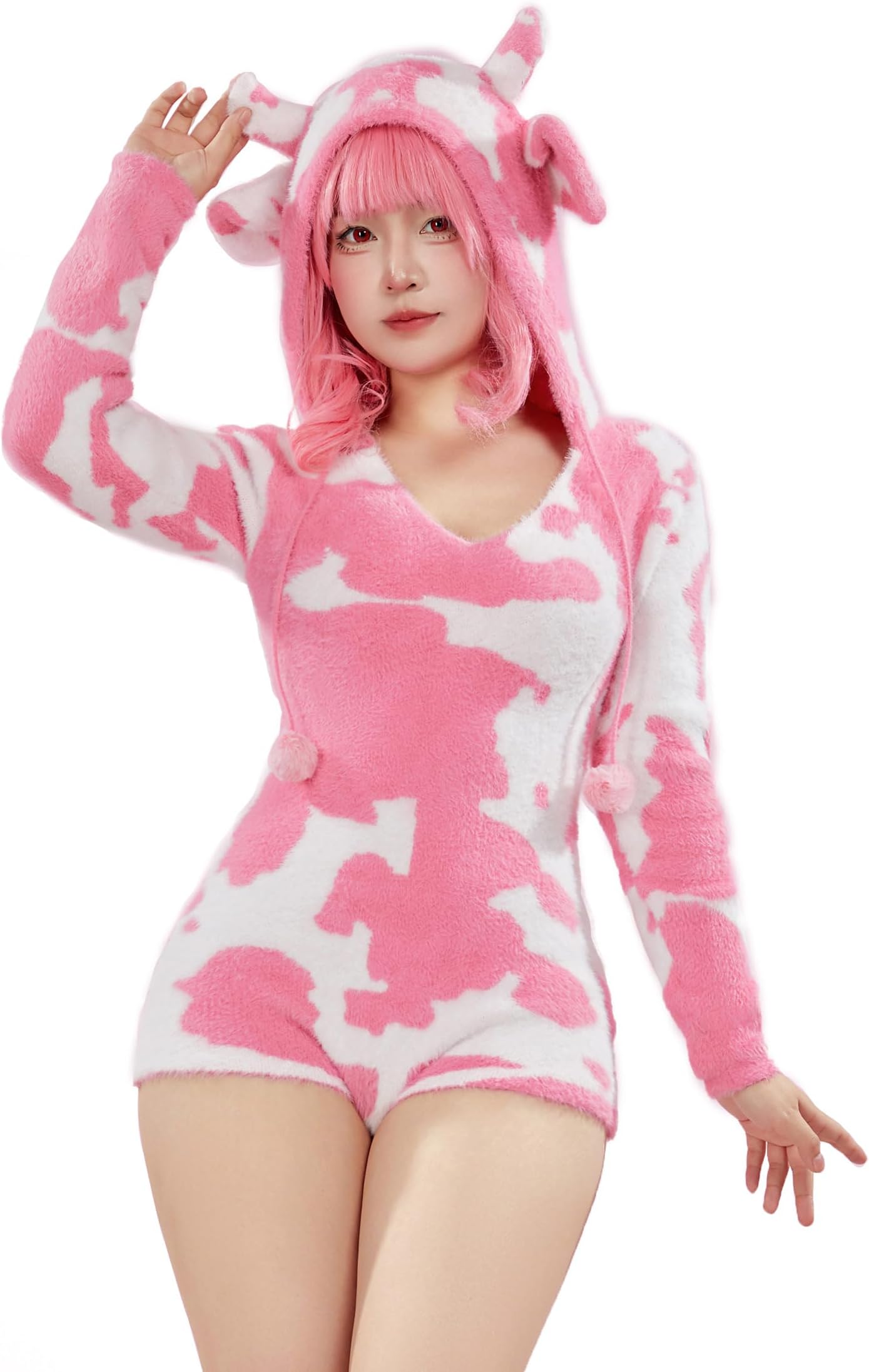 Women's Fuzzy Knit Sweater Pajamas Cute Cow Print Jumpsuit Fluffy Hooded Romper Bodysuit Onesies Pajamas Adult