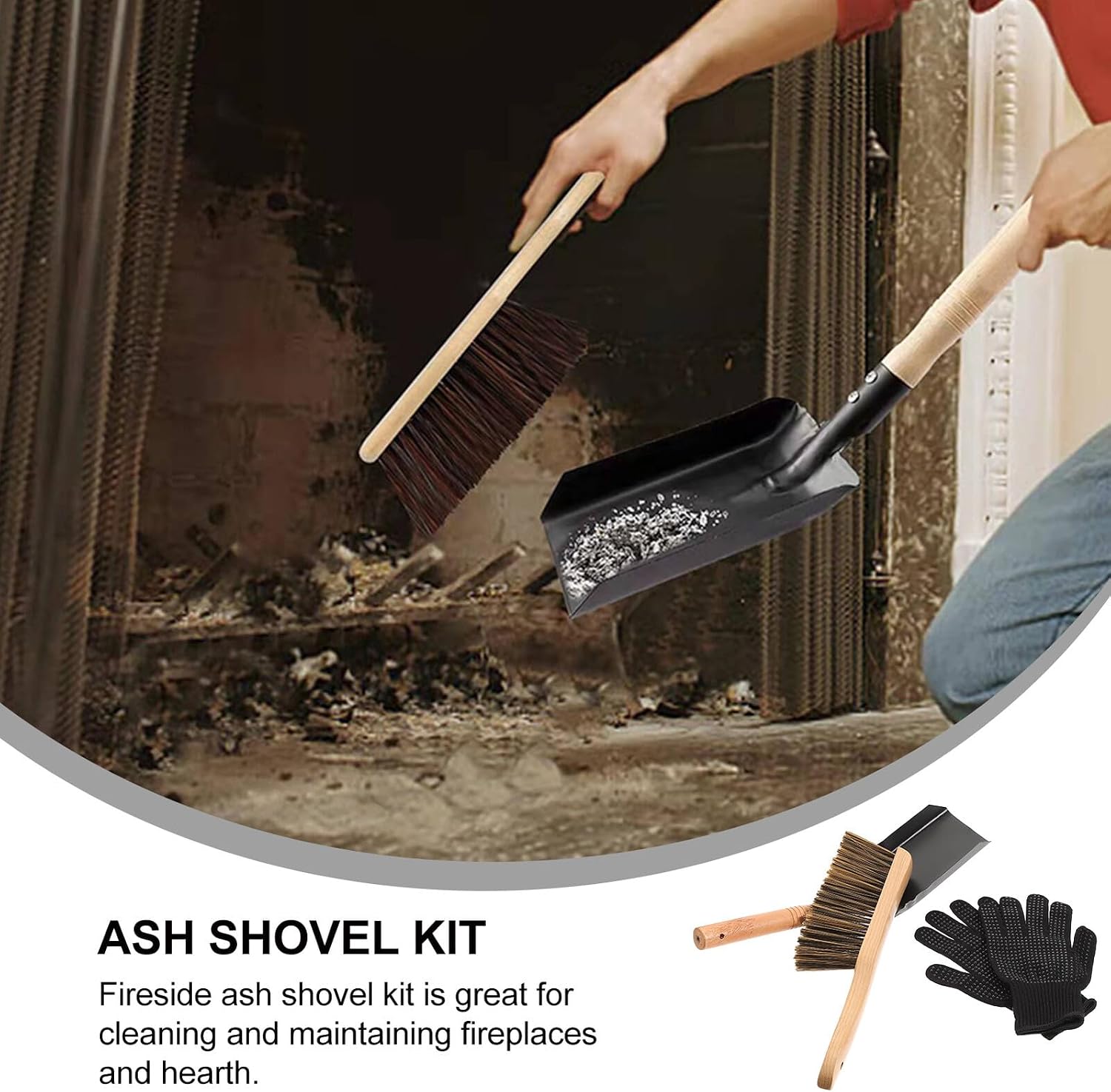 Fireplace Ash Shovel Kit with Brush and Gloves Lightweight Iron and Wood Ash Cleaning Scoop for Hearth Maintenance Portable and Fireplace Companion Tool