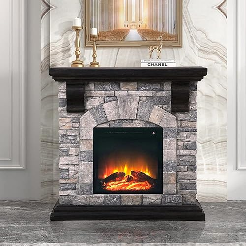 Chimenea eléctrica de óxido de magnesio chimenea de llama de pantalla 3D calentador rústico de piedra y ladrillo mantel para sala de estar