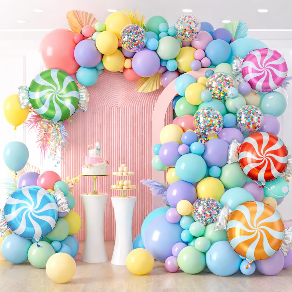 Pastel Balloon Arch Kit 111 Pcs Macaron Multicolour Garland Kit with 18, 12 and 5 Inch Sizes Includes Candy Foil Balloons 5m Tape Glue Dots Tying Tool for Birthdays Weddings Baby Showers
